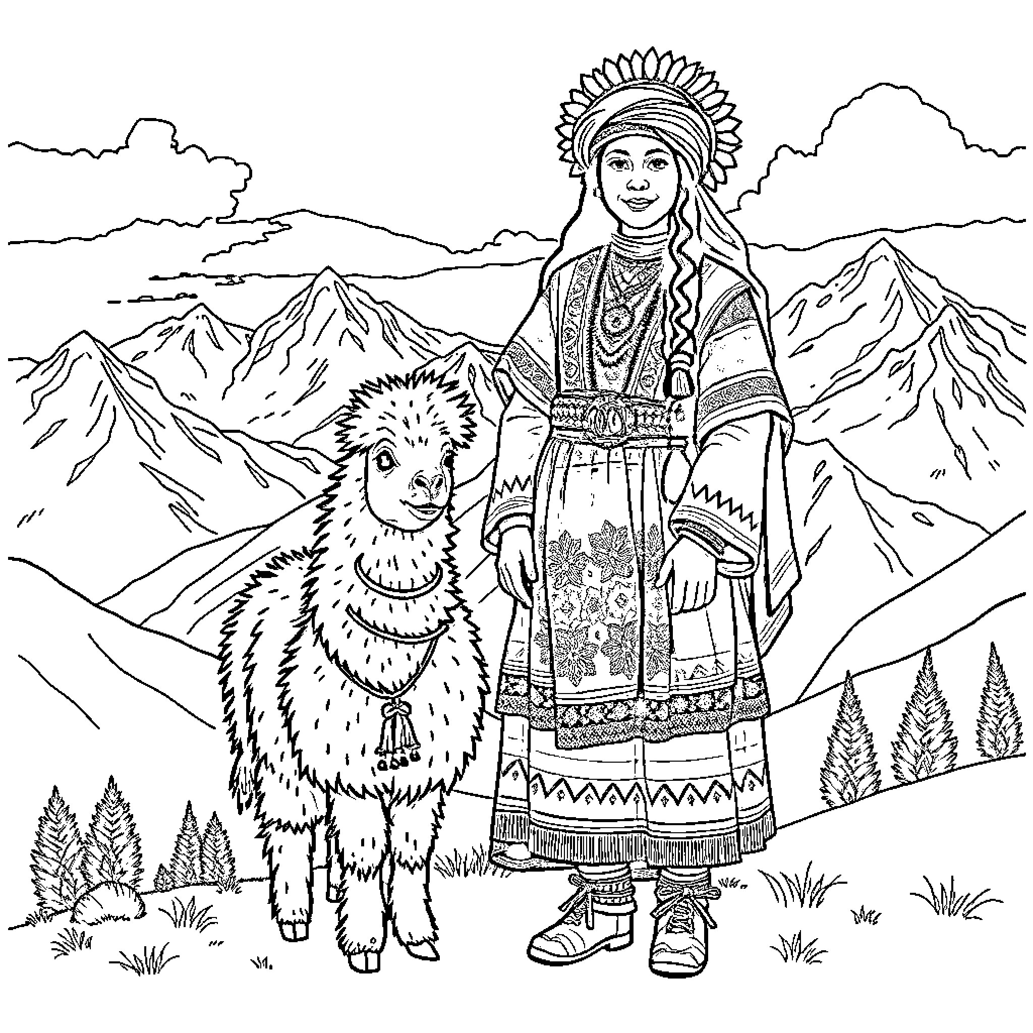 Cholita exploring the Andes with her alpaca companion Coloring Page (free black-and-white line drawing printable PDF for all, from beginners to advanced learners, including children, teens, adults, and seniors)