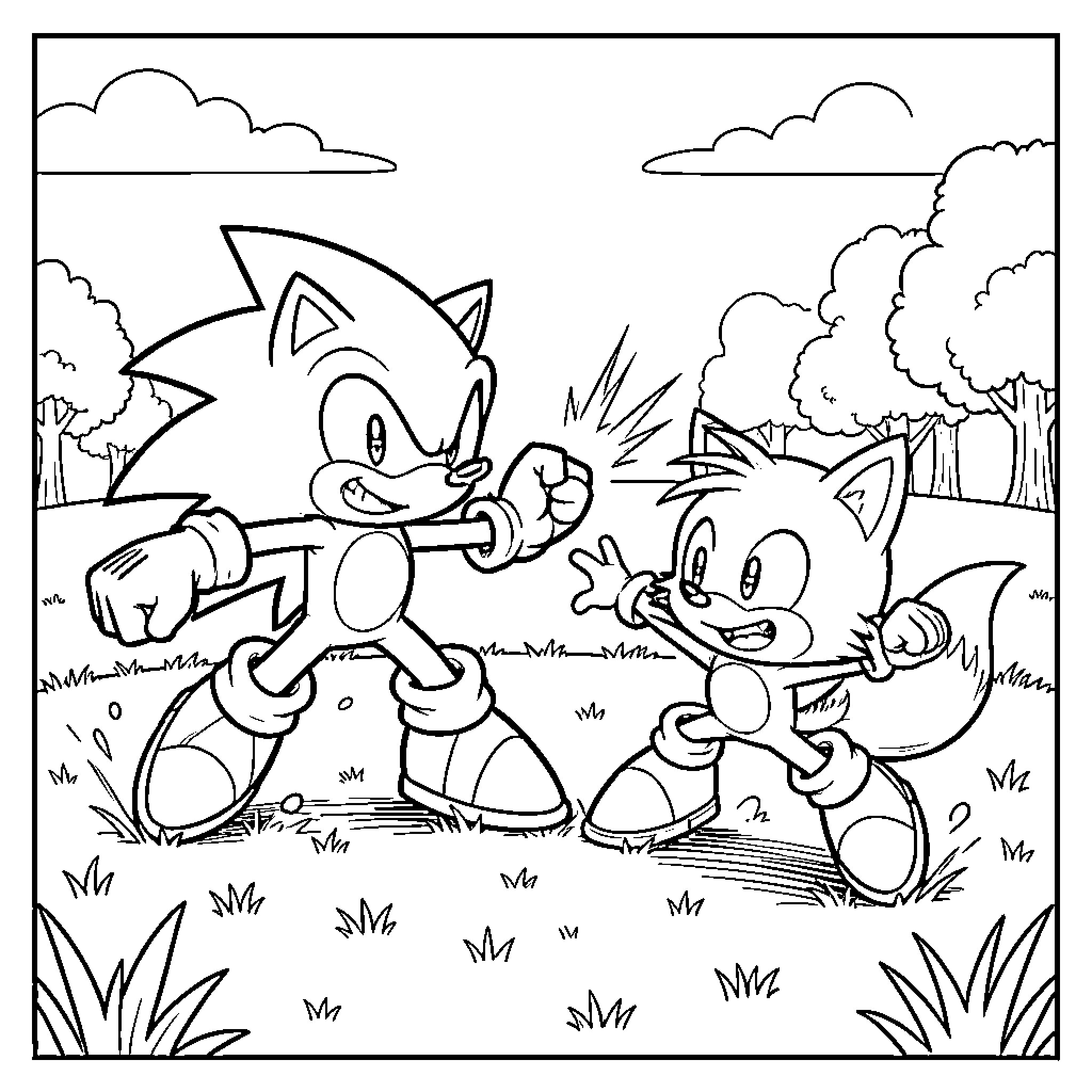 Sonic and Tails running joyfully through a field Coloring Page (free black-and-white line drawing printable PDF for all, from beginners to advanced learners, including children, teens, adults, and seniors)