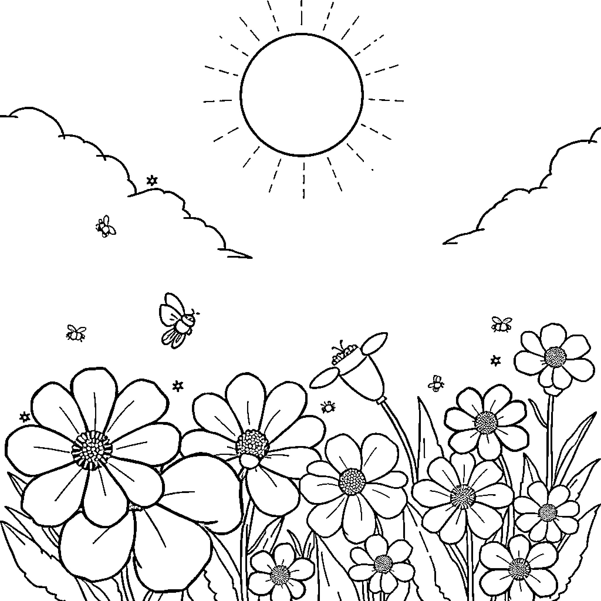 Flower Garden in Sunny Landscape Coloring Page (free black-and-white line drawing printable PDF for all, from beginners to advanced learners, including children, teens, adults, and seniors)