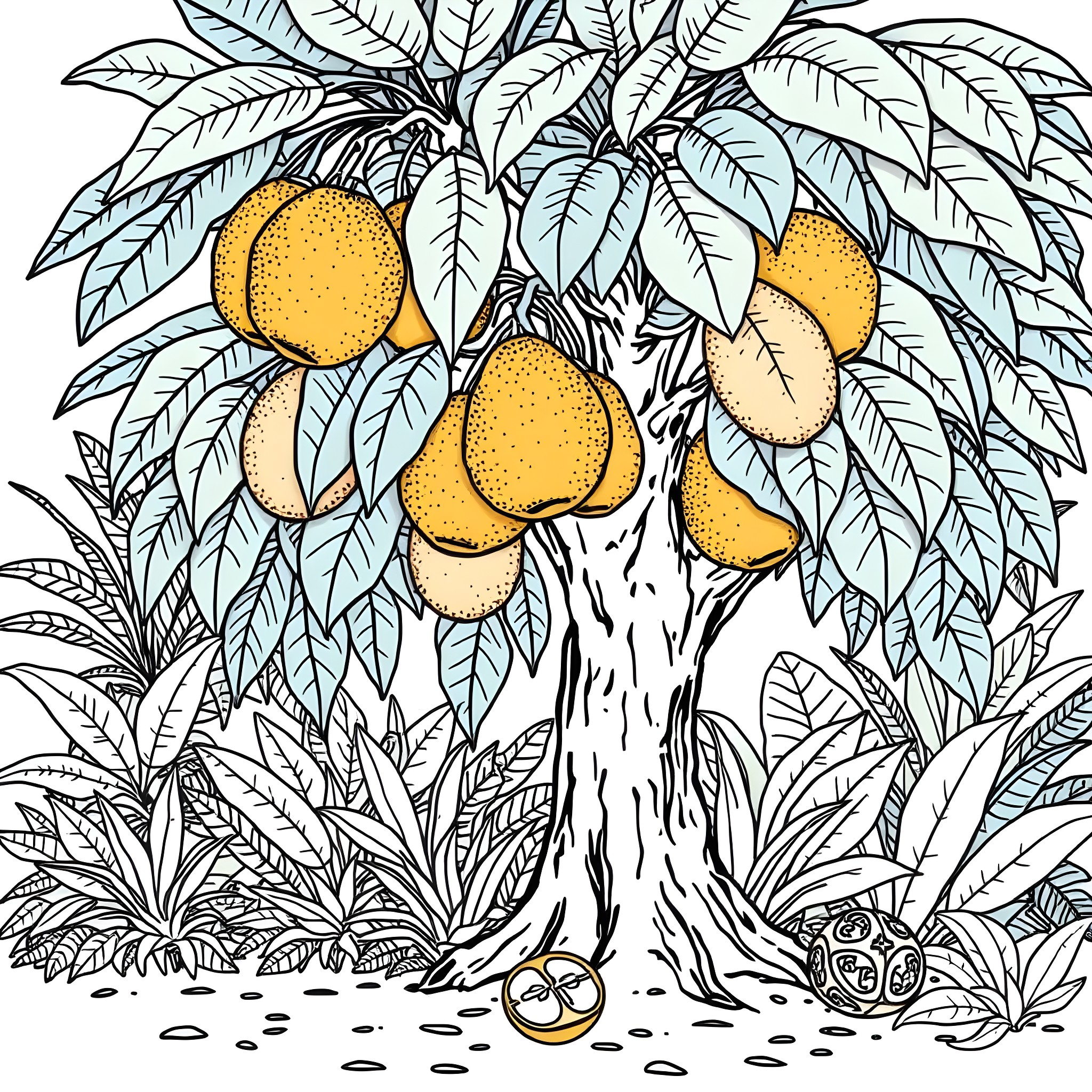 Breadfruit tree with ripe fruits in a lush garden Coloring Page (free black-and-white line drawing printable PDF for all, from beginners to advanced learners, including children, teens, adults, and seniors)
