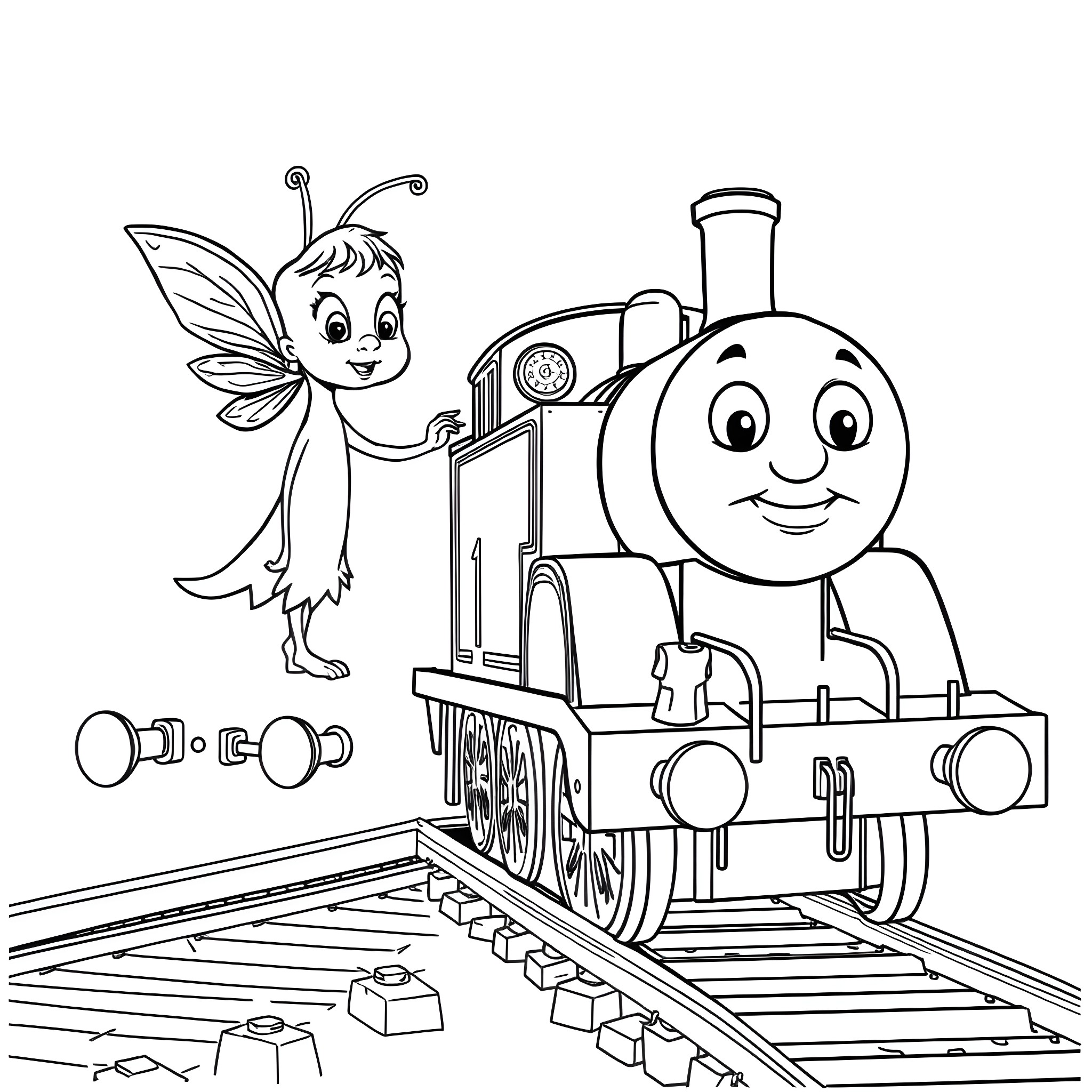 Thomas and the Friendly Fairy on the Train Tracks Coloring Page (free black-and-white line drawing printable PDF for all, from beginners to advanced learners, including children, teens, adults, and seniors)