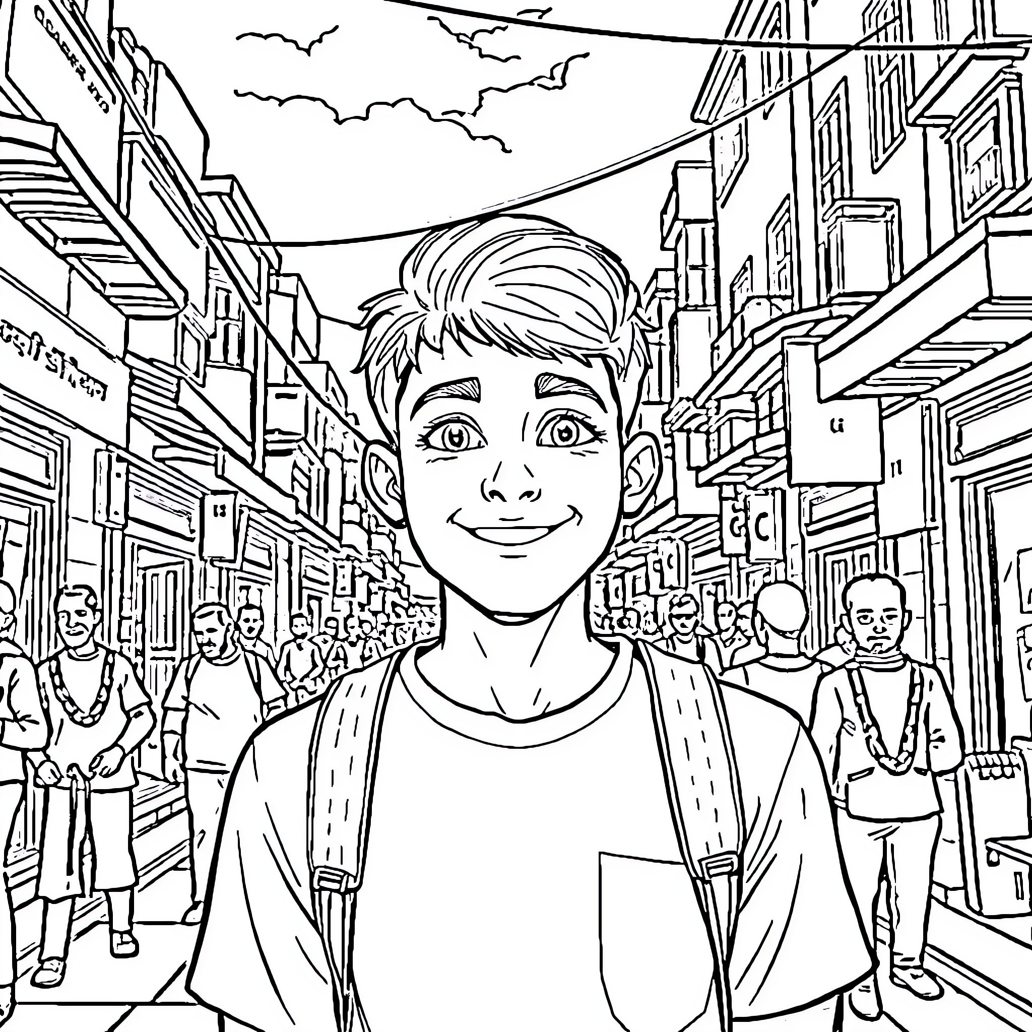 Sinan's Adventure in the City Streets Coloring Page (free black-and-white line drawing printable PDF for all, from beginners to advanced learners, including children, teens, adults, and seniors)