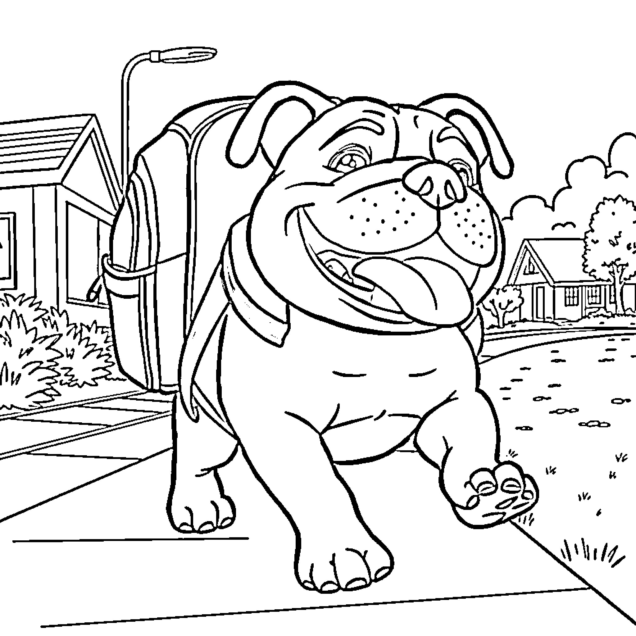 Bulldog guarding its home in the countryside Coloring Page (free black-and-white line drawing printable PDF for all, from beginners to advanced learners, including children, teens, adults, and seniors)