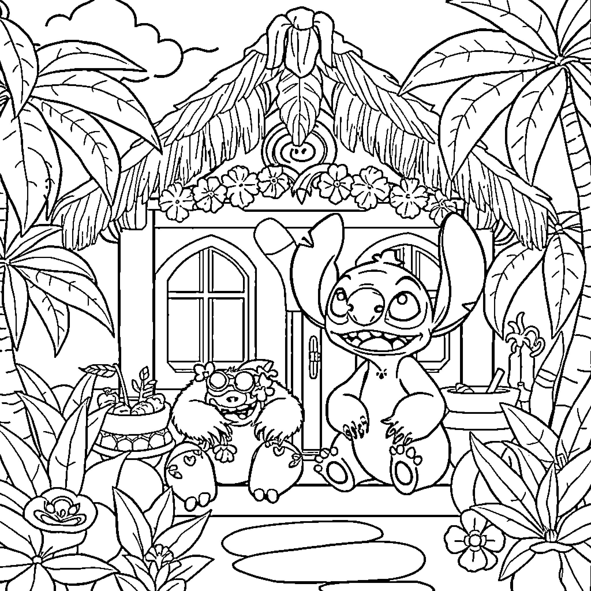Lilo playing in a tropical paradise with adorable creatures Coloring Page (free black-and-white line drawing printable PDF for all, from beginners to advanced learners, including children, teens, adults, and seniors)