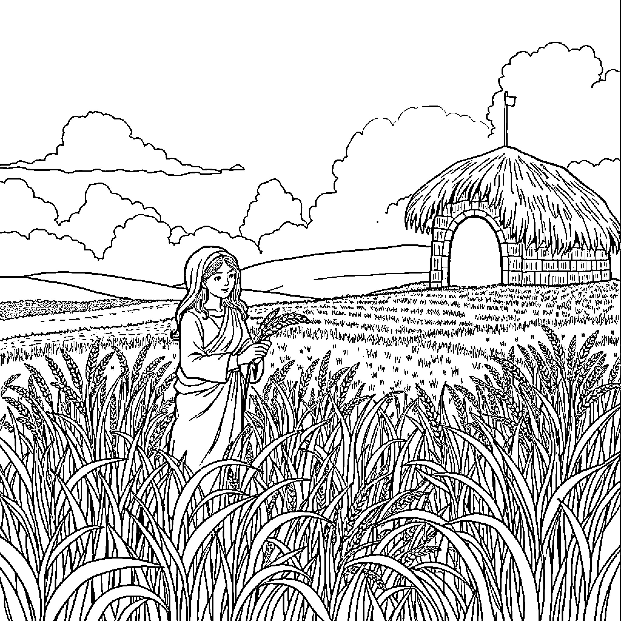 Ruth exploring the serene countryside landscape Coloring Page (free black-and-white line drawing printable PDF for all, from beginners to advanced learners, including children, teens, adults, and seniors)