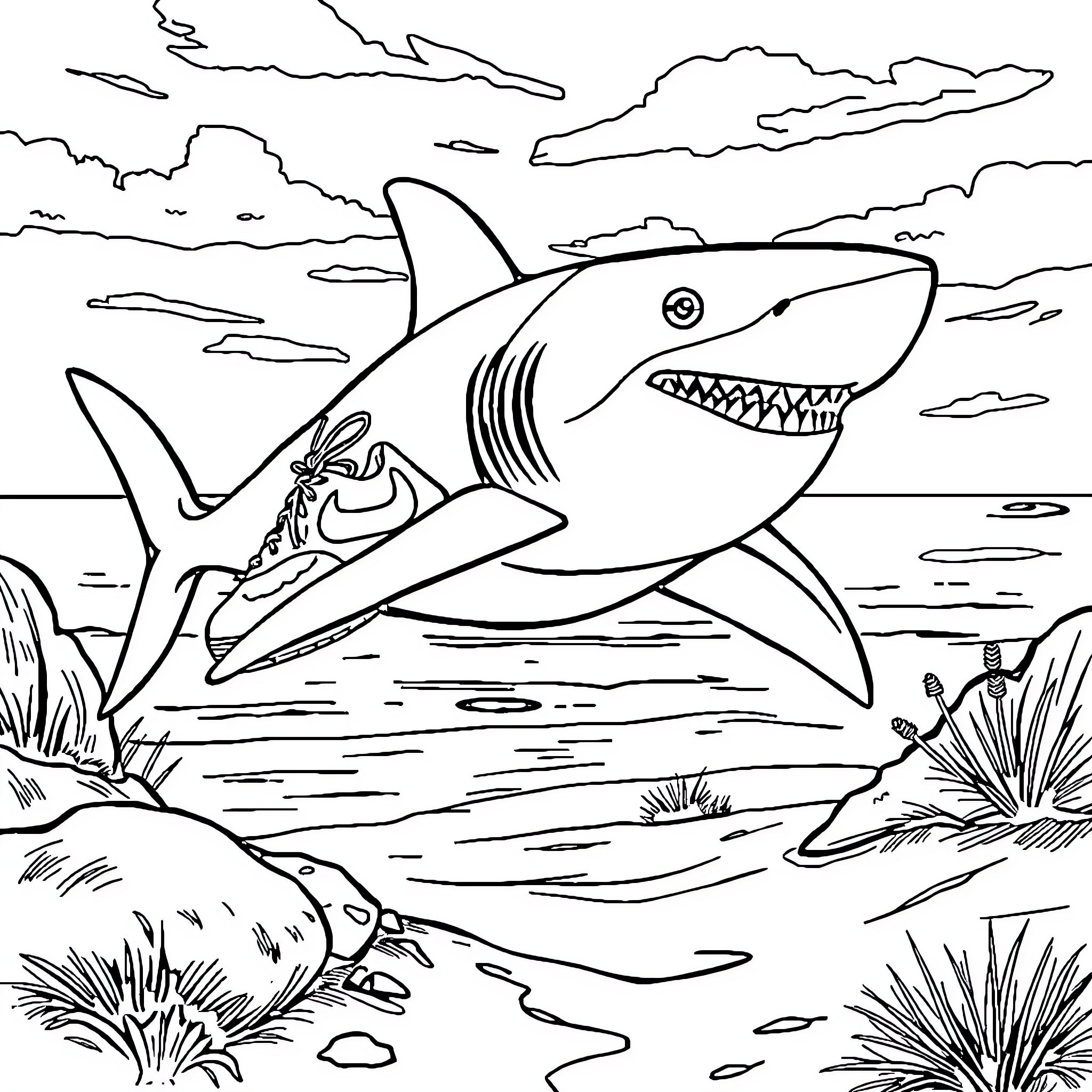 Shark hunting in the ocean Coloring Page (free black-and-white line drawing printable PDF for all, from beginners to advanced learners, including children, teens, adults, and seniors)