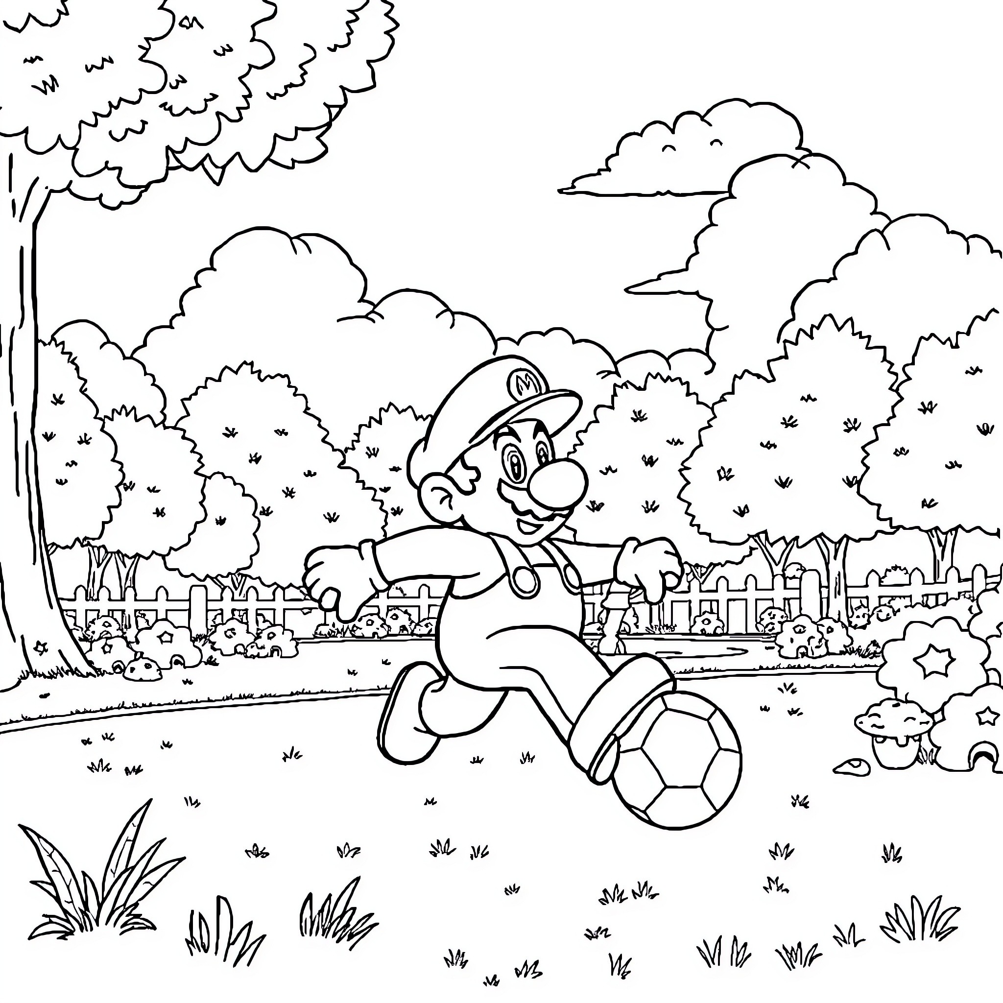 Mario playing soccer in the park Coloring Page (free black-and-white line drawing printable PDF for all, from beginners to advanced learners, including children, teens, adults, and seniors)