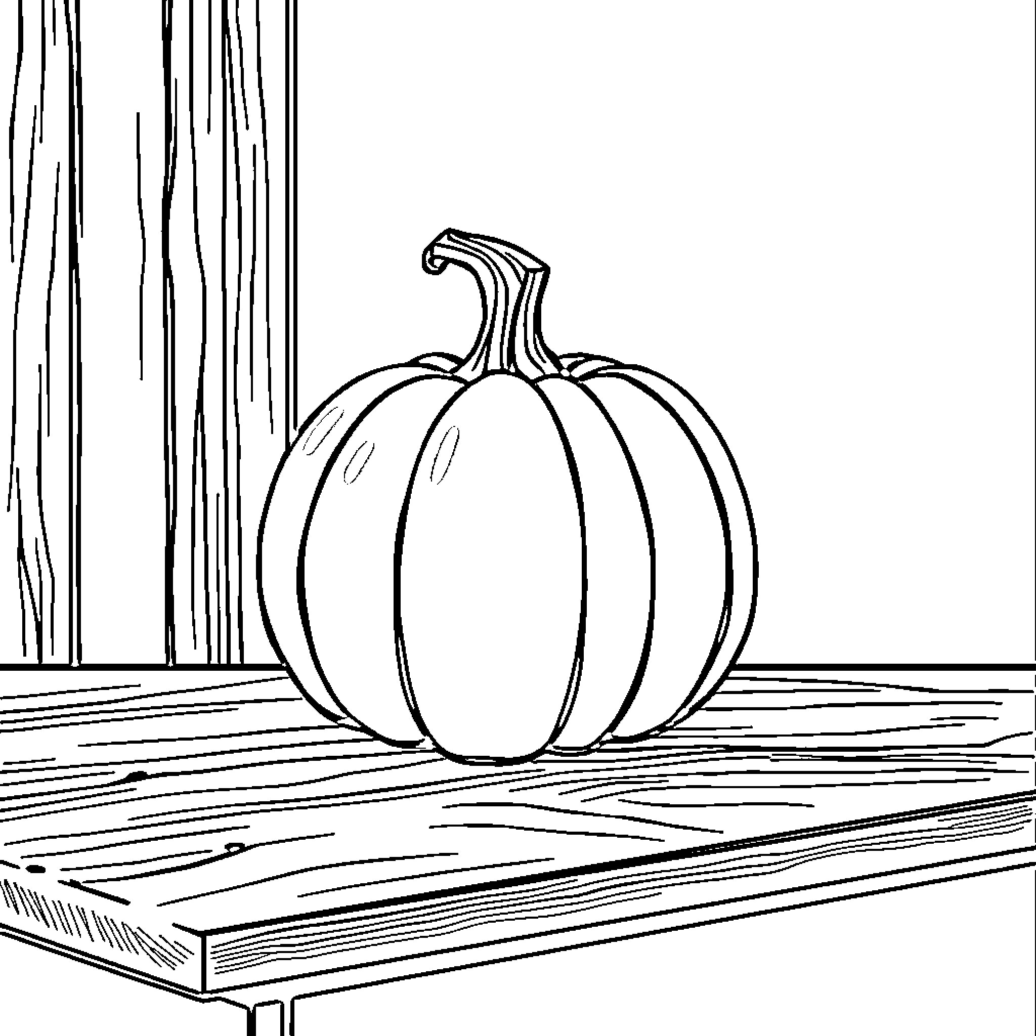 Pumpkin on wooden shelf Coloring Page (free black-and-white line drawing printable PDF for all, from beginners to advanced learners, including children, teens, adults, and seniors)
