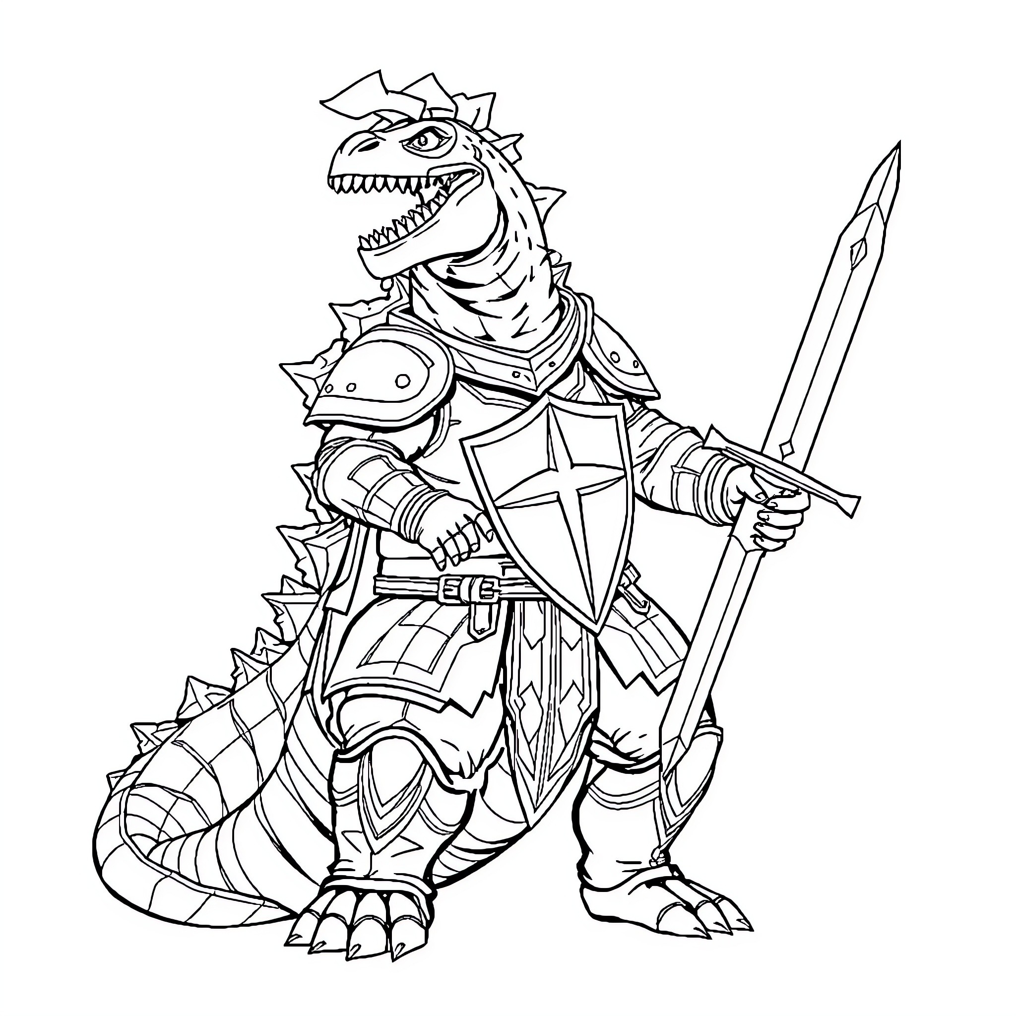 Godzilla in Armored Warrior Outfit Wielding Spear Coloring Page (free black-and-white line drawing printable PDF for all, from beginners to advanced learners, including children, teens, adults, and seniors)