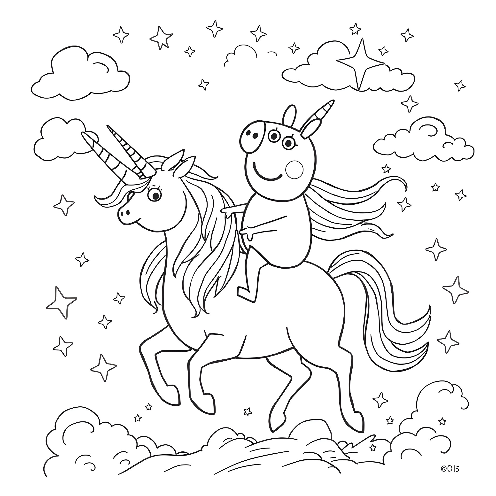 Peppa Pig riding a magical unicorn in the starry sky Coloring Page (free black-and-white line drawing printable PDF for all, from beginners to advanced learners, including children, teens, adults, and seniors)