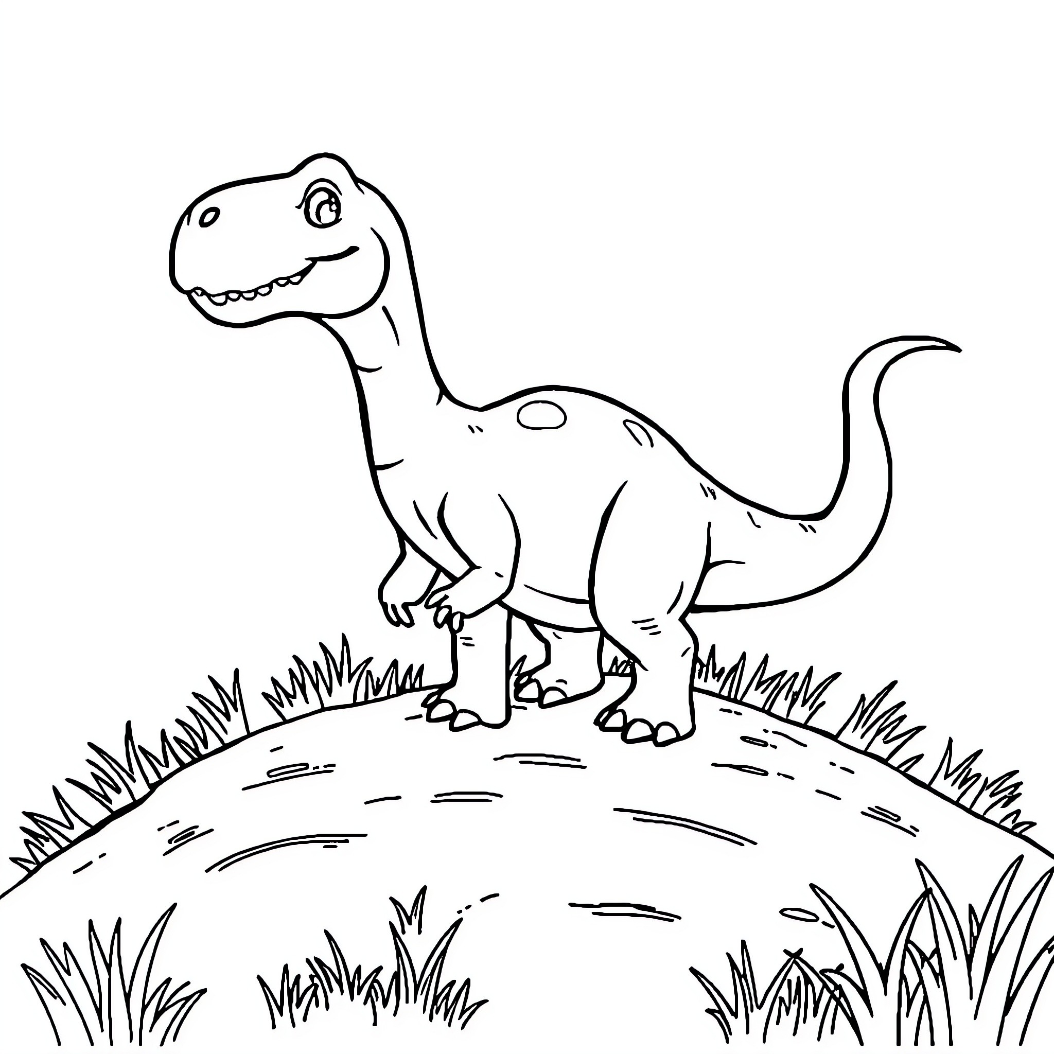 Dino exploring the lush landscape Coloring Page (free black-and-white line drawing printable PDF for all, from beginners to advanced learners, including children, teens, adults, and seniors)