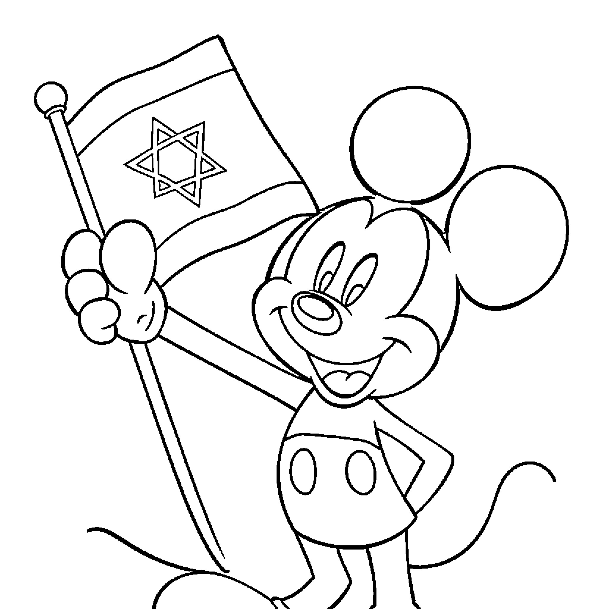Mickey Mouse holding Israeli flag Coloring Page (free black-and-white line drawing printable PDF for all, from beginners to advanced learners, including children, teens, adults, and seniors)