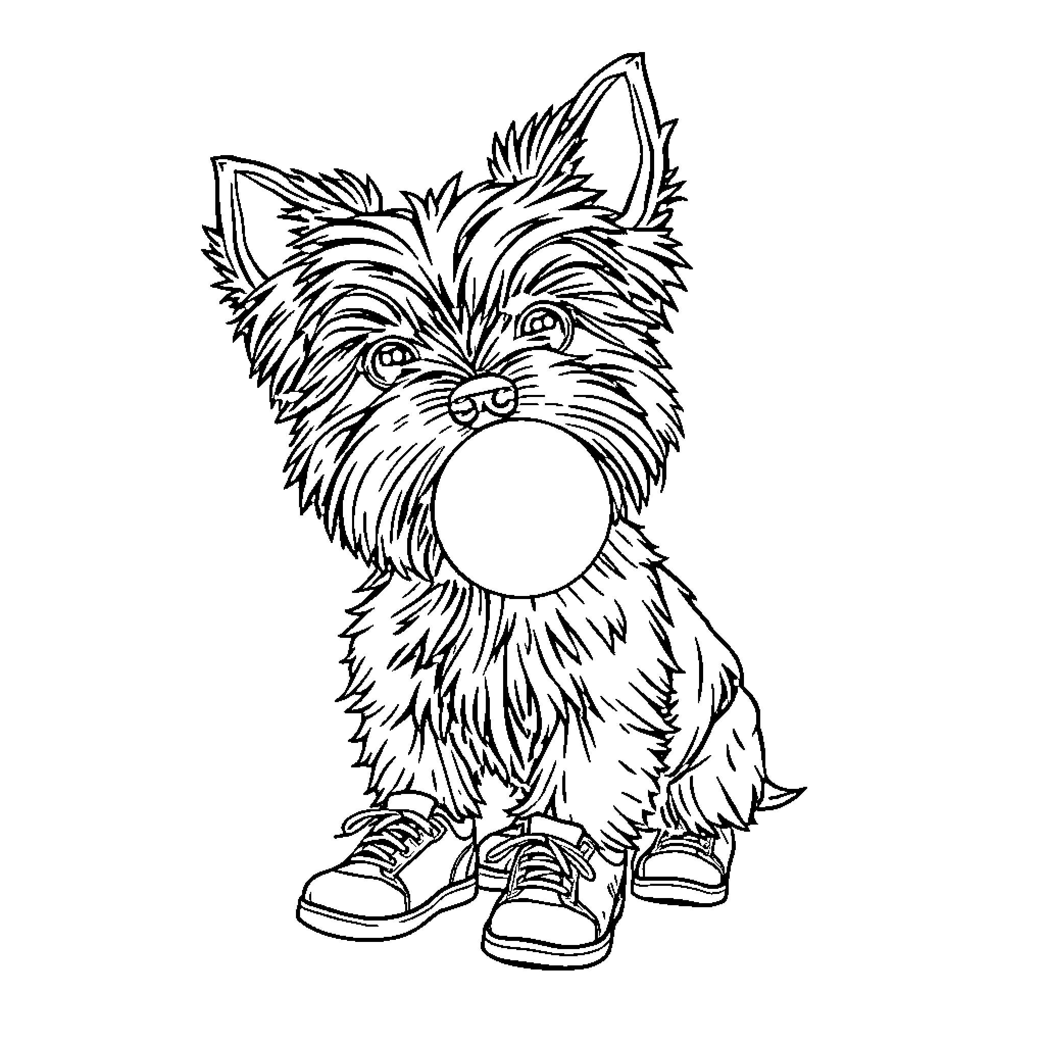 Yorkshire Terrier Puppy in Casual Outfit Coloring Page (free black-and-white line drawing printable PDF for all, from beginners to advanced learners, including children, teens, adults, and seniors)