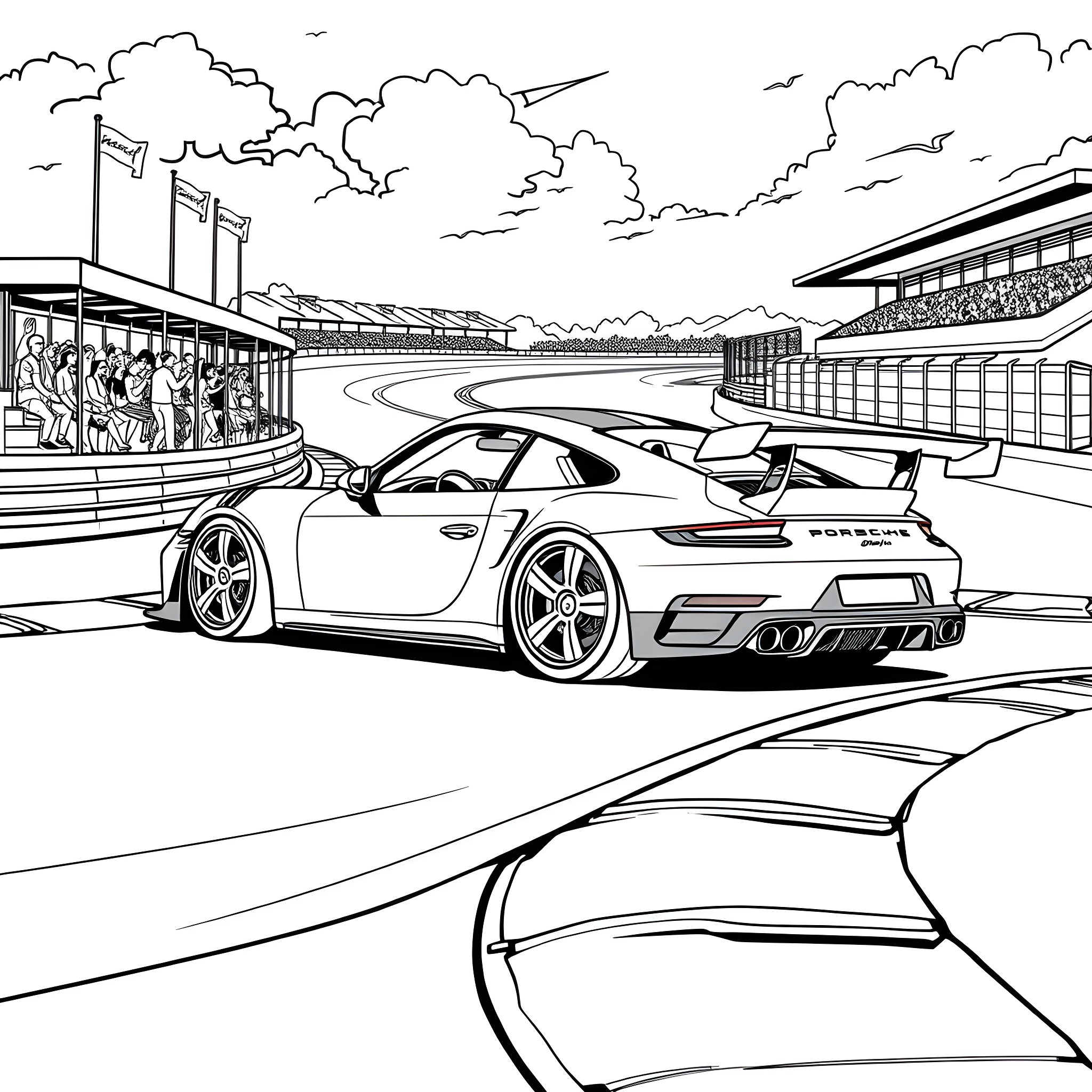 Porsche Sports Car Racing on the Track Coloring Page (free black-and-white line drawing printable PDF for all, from beginners to advanced learners, including children, teens, adults, and seniors)