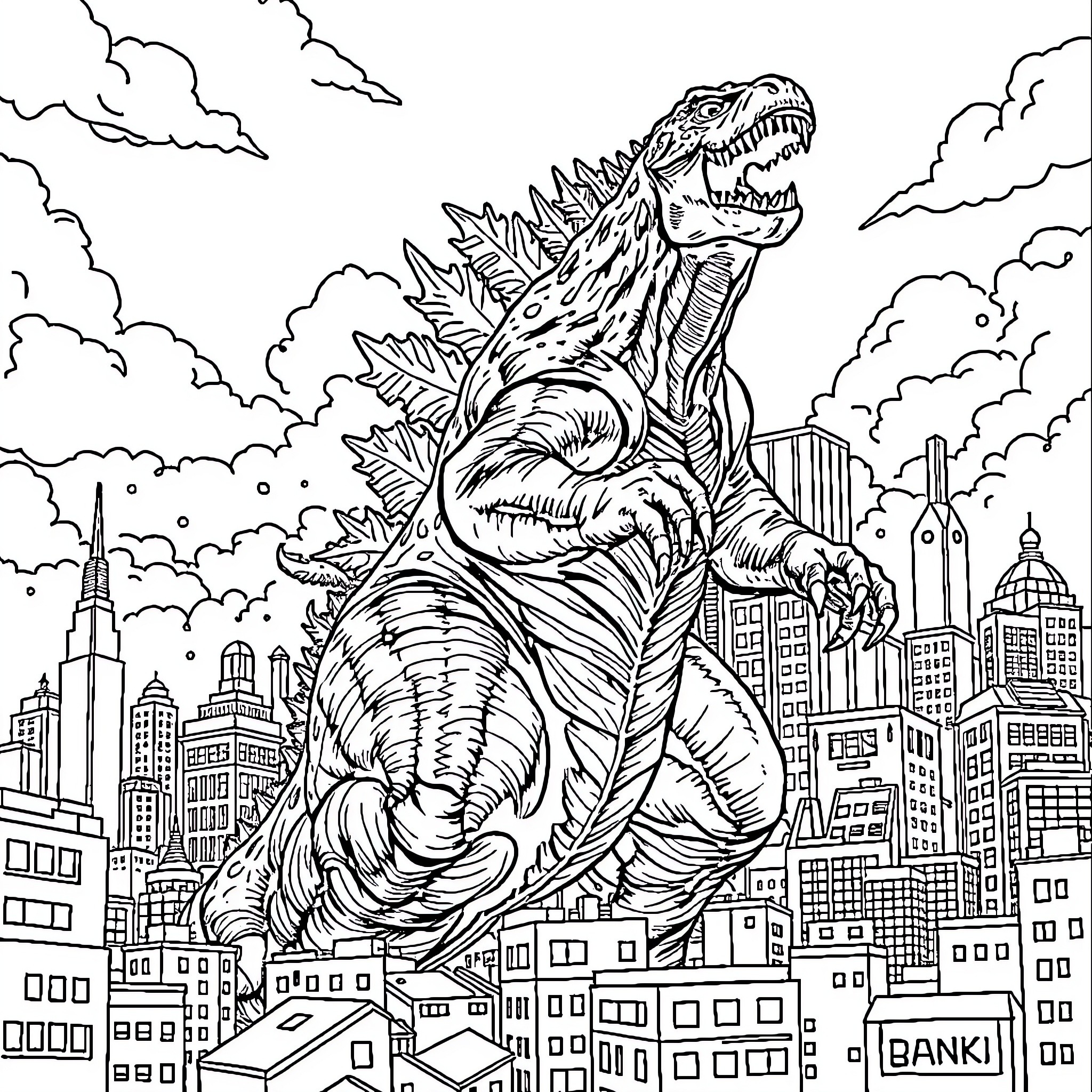 Godzilla trampling through a city skyline Coloring Page (free black-and-white line drawing printable PDF for all, from beginners to advanced learners, including children, teens, adults, and seniors)