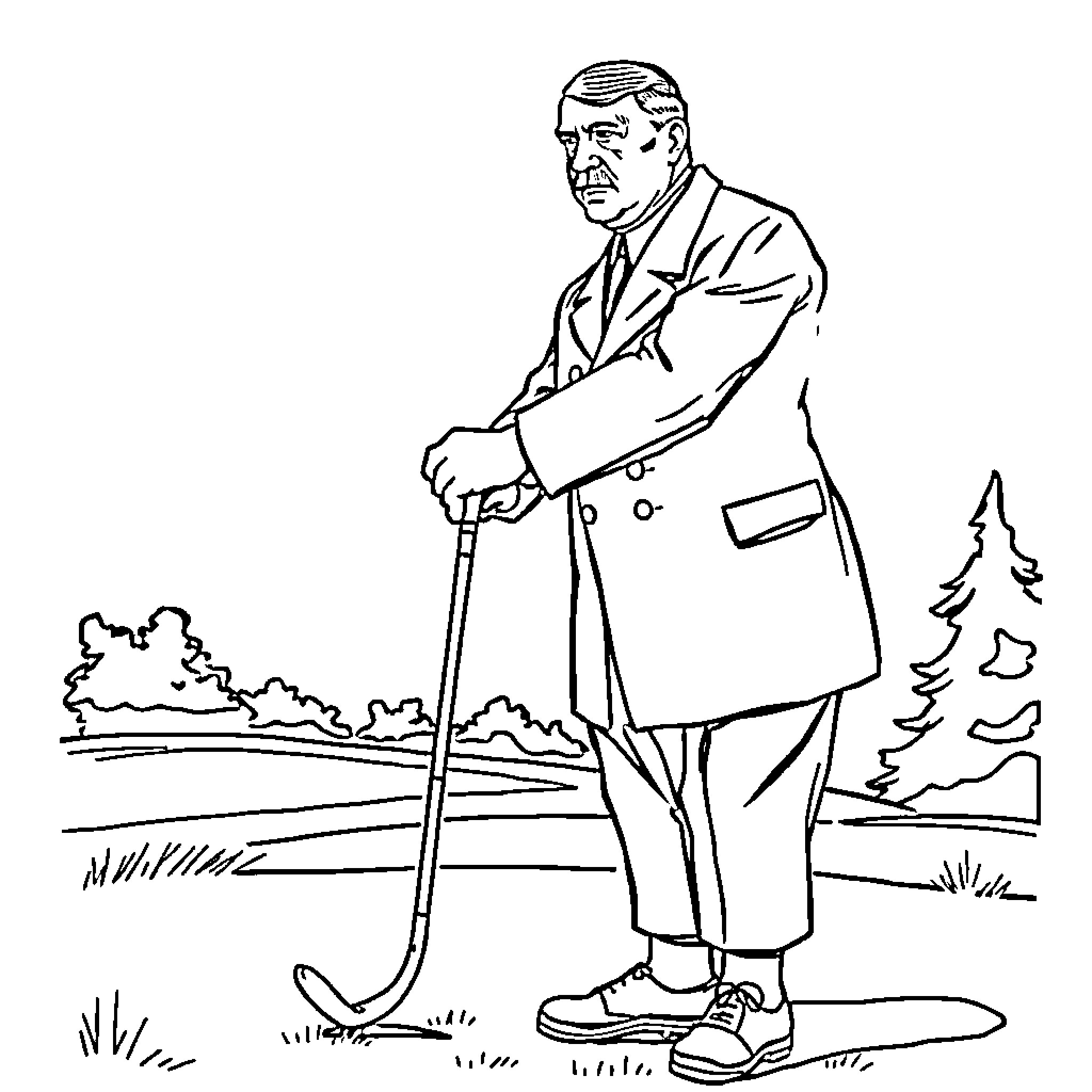 Adolf Hitler taking a leisurely stroll outdoors Coloring Page (free black-and-white line drawing printable PDF for all, from beginners to advanced learners, including children, teens, adults, and seniors)