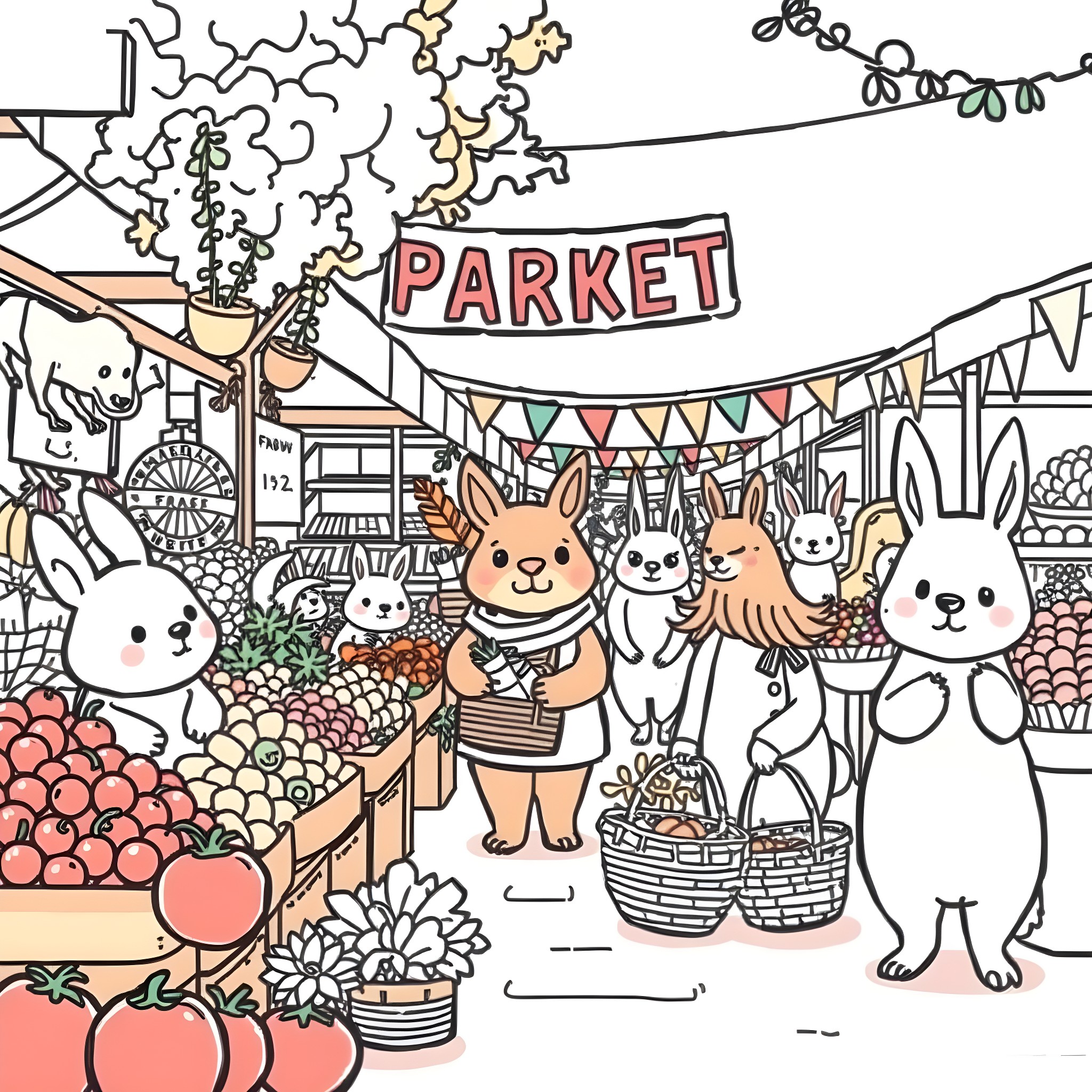 Animal market with festive bunnies and decorations Coloring Page (free black-and-white line drawing printable PDF for all, from beginners to advanced learners, including children, teens, adults, and seniors)