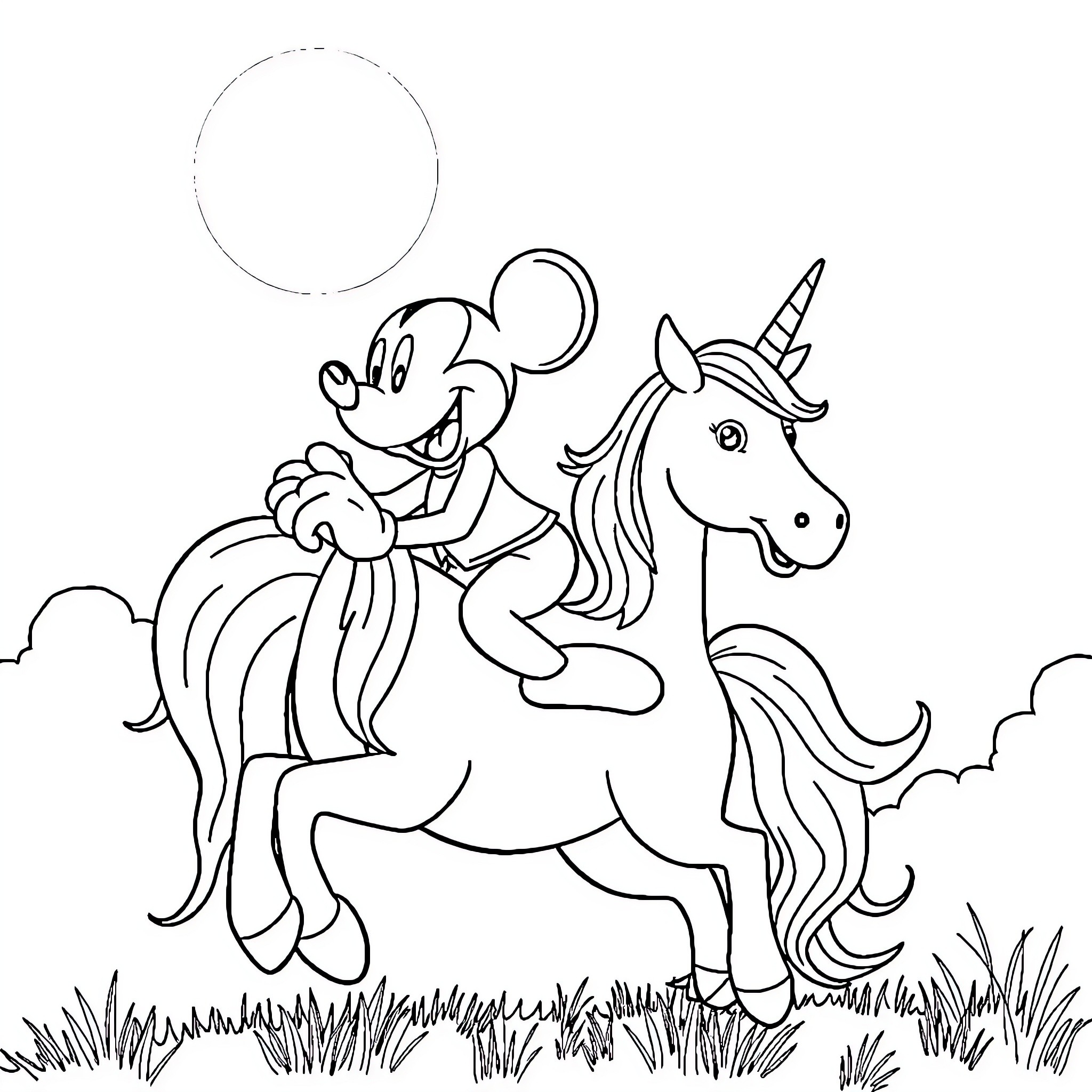 Mickey Mouse riding a magical unicorn Coloring Page (free black-and-white line drawing printable PDF for all, from beginners to advanced learners, including children, teens, adults, and seniors)