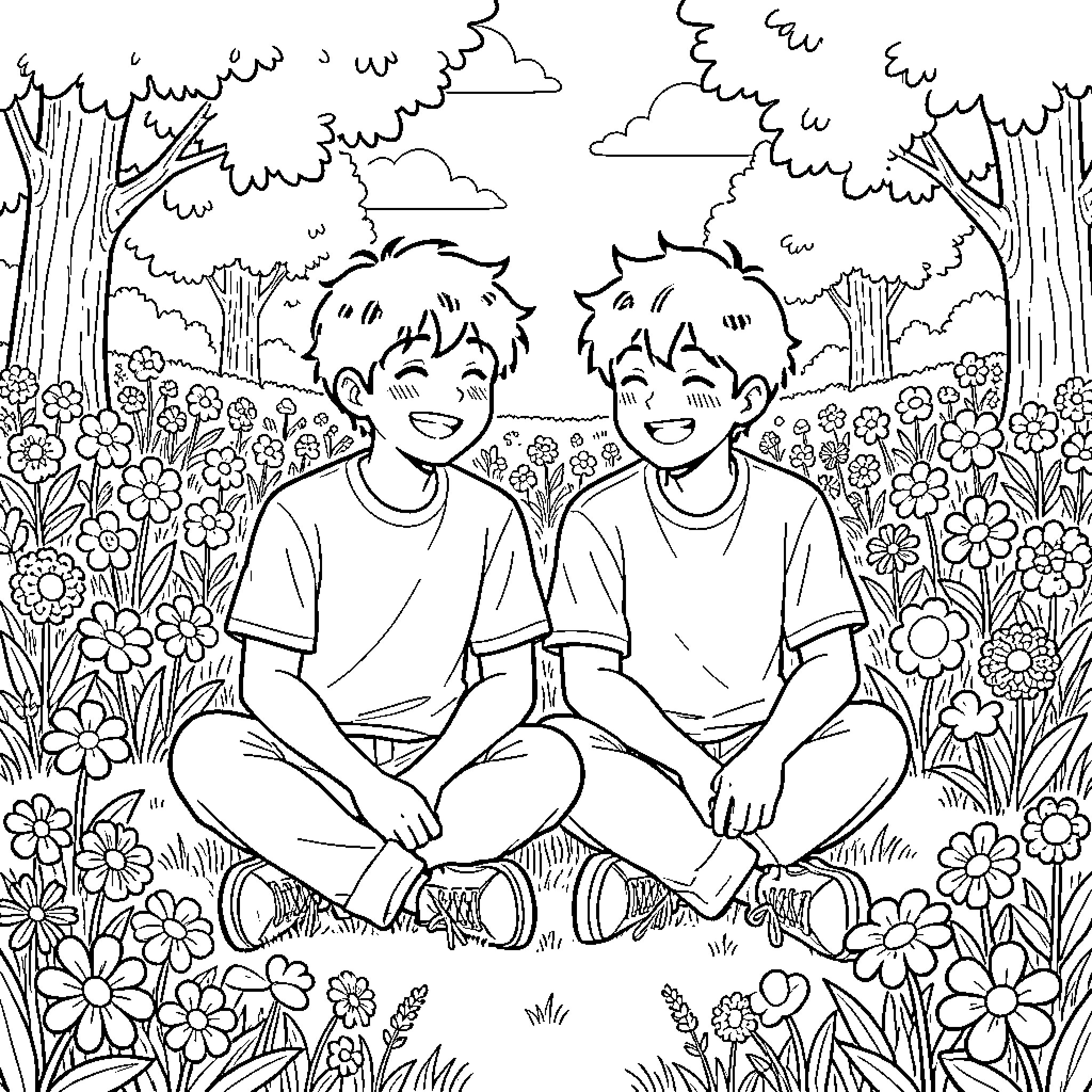 Nick and Charlie playing together in the flower garden Coloring Page (free black-and-white line drawing printable PDF for all, from beginners to advanced learners, including children, teens, adults, and seniors)