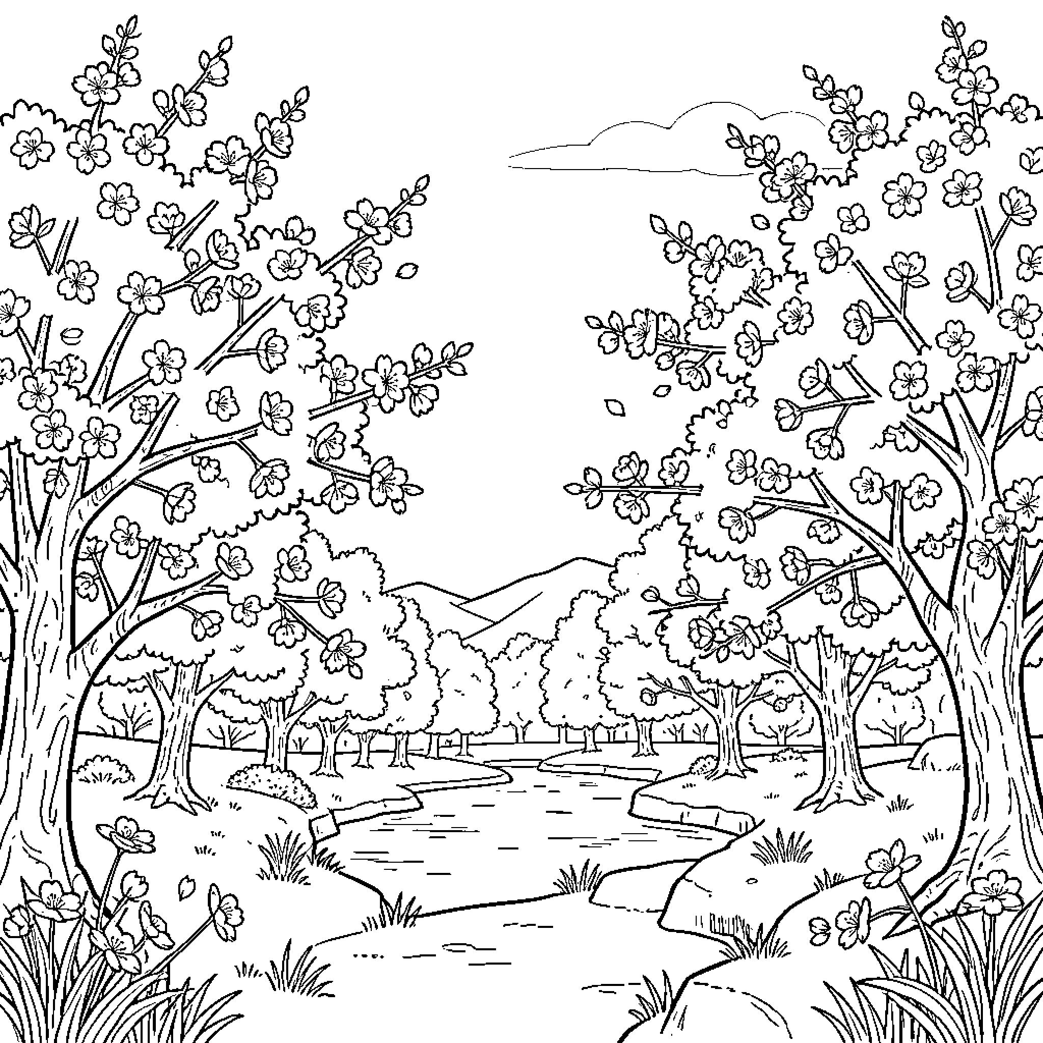 Cherry Blossom Scenery with Flowing Stream Coloring Page (free black-and-white line drawing printable PDF for all, from beginners to advanced learners, including children, teens, adults, and seniors)
