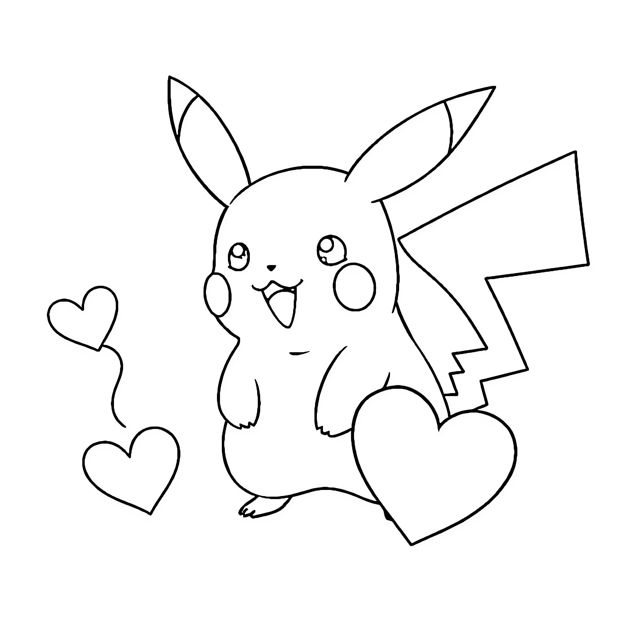 Pikachu happily expressing with hearts Coloring Page (free black-and-white line drawing printable PDF for all, from beginners to advanced learners, including children, teens, adults, and seniors)