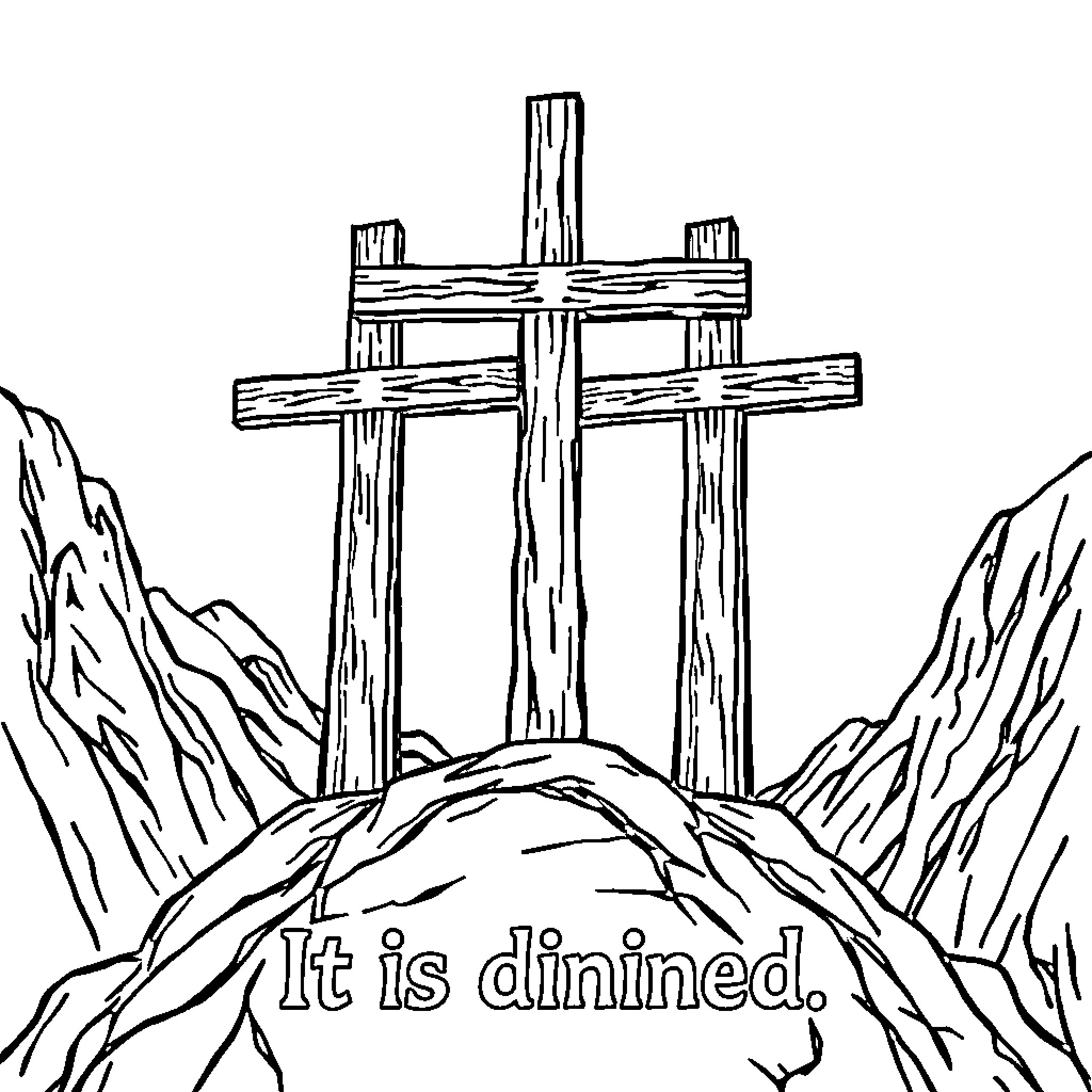 Cross on Rugged Terrain with Ominous Text Coloring Page (free black-and-white line drawing printable PDF for all, from beginners to advanced learners, including children, teens, adults, and seniors)