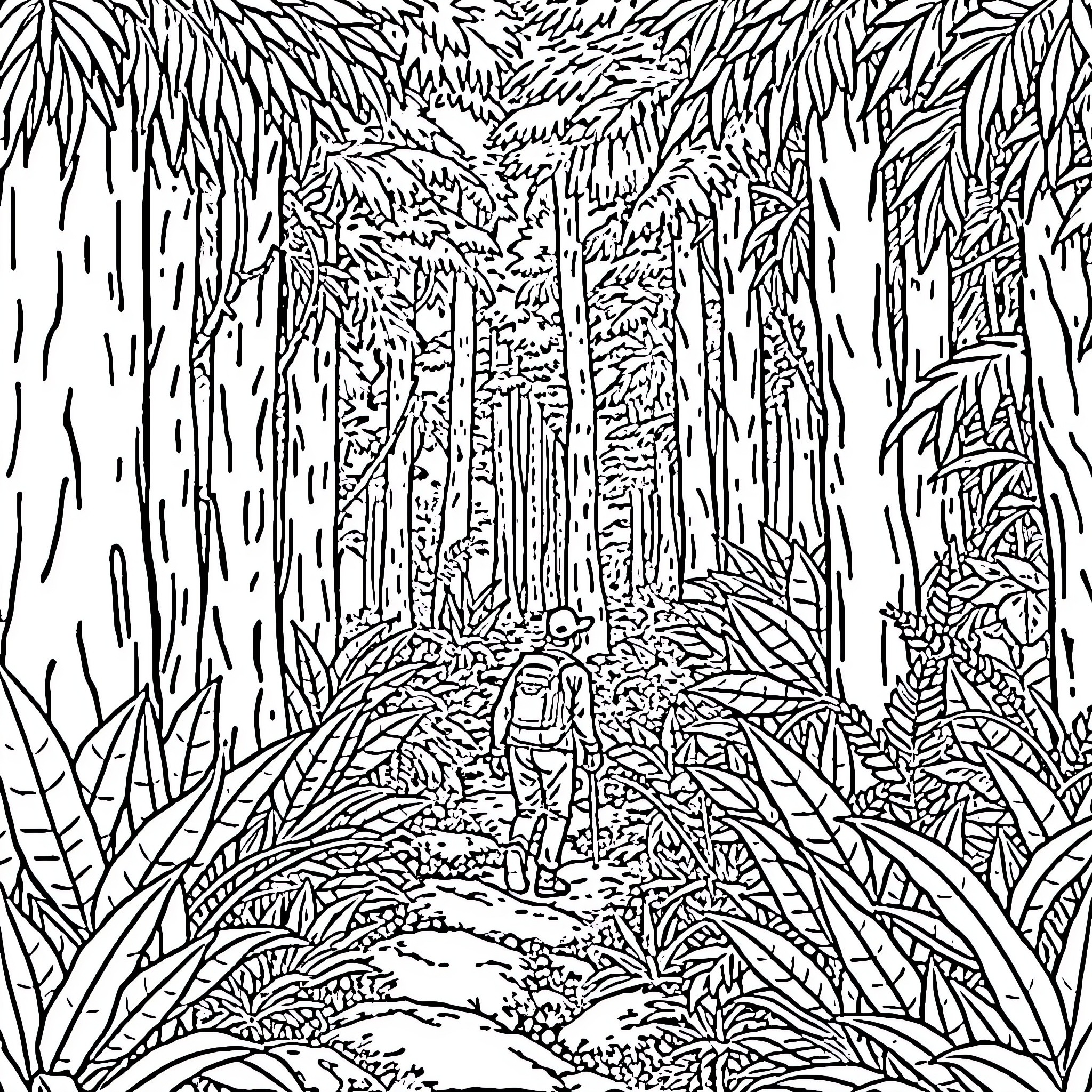 Hiker exploring the lush and dense forest trail Coloring Page (free black-and-white line drawing printable PDF for all, from beginners to advanced learners, including children, teens, adults, and seniors)