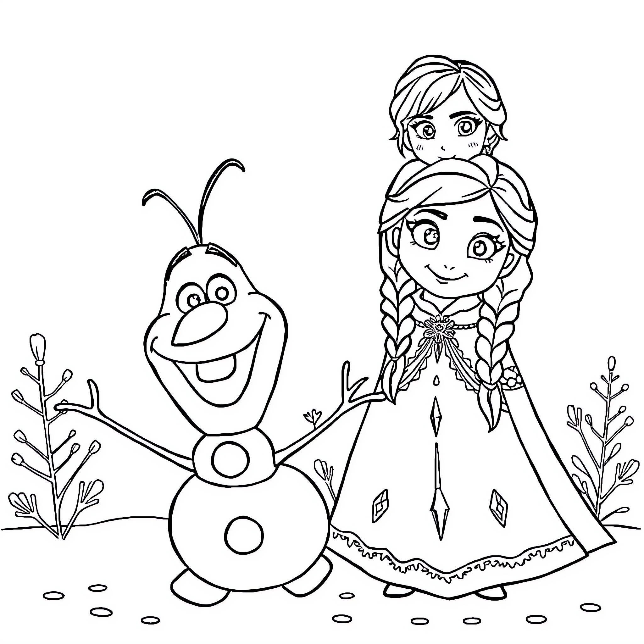 Frozen Character Enjoying Snowy Landscape with Olaf Coloring Page (free black-and-white line drawing printable PDF for all, from beginners to advanced learners, including children, teens, adults, and seniors)