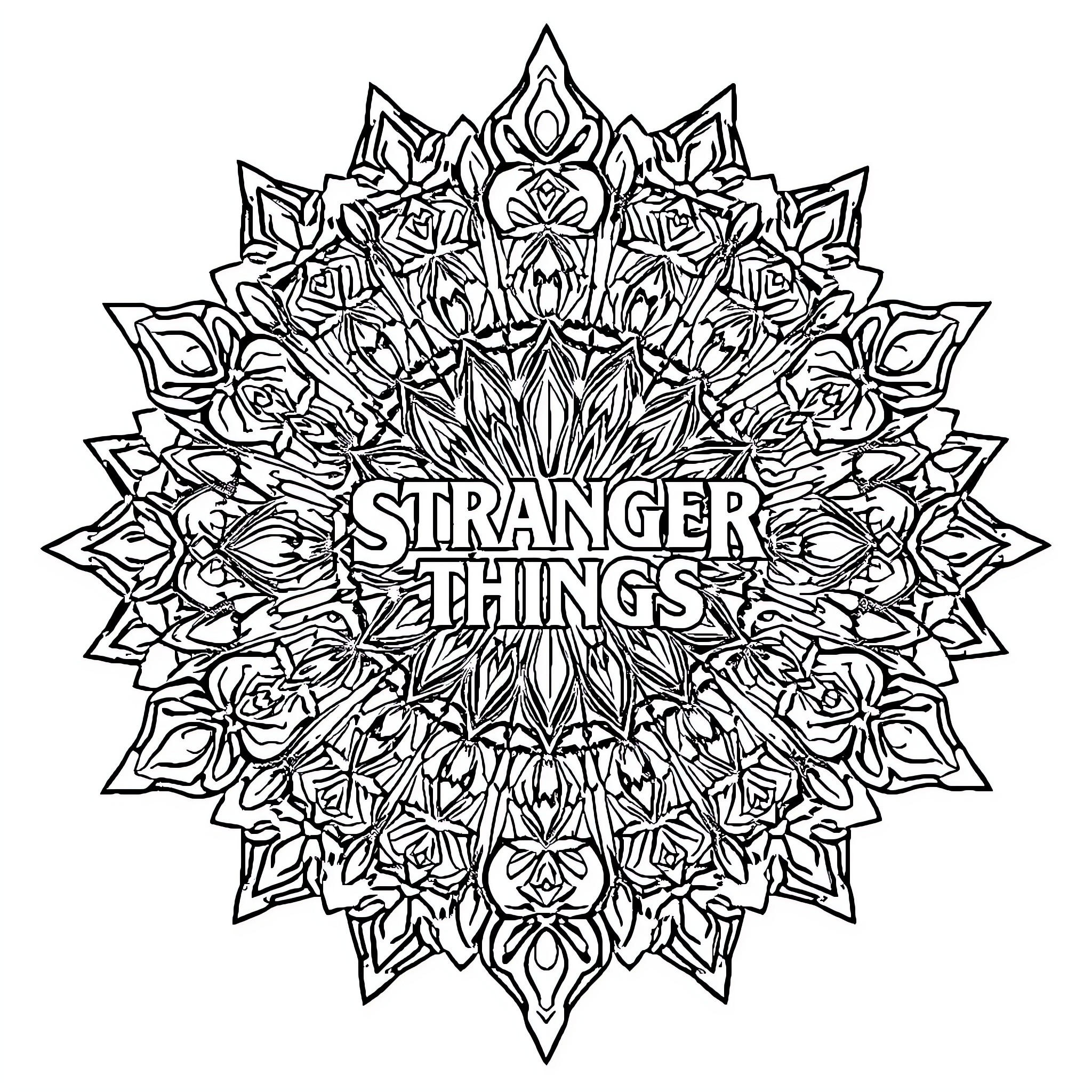 Mandala of Stranger Things Coloring Page (free black-and-white line drawing printable PDF for all, from beginners to advanced learners, including children, teens, adults, and seniors)
