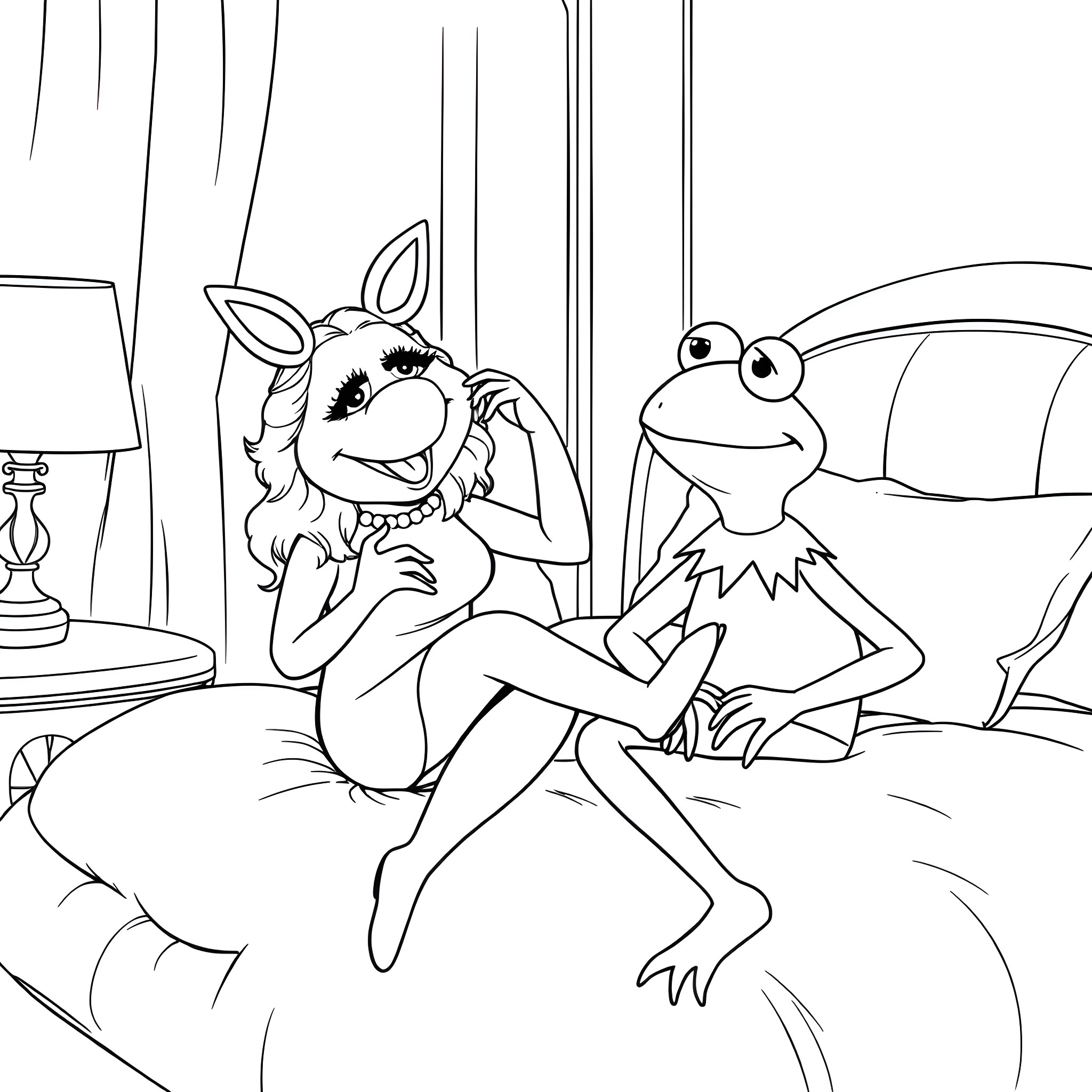 Miss Piggy sharing a relaxed moment with Kermit the Frog Coloring Page (free black-and-white line drawing printable PDF for all, from beginners to advanced learners, including children, teens, adults, and seniors)