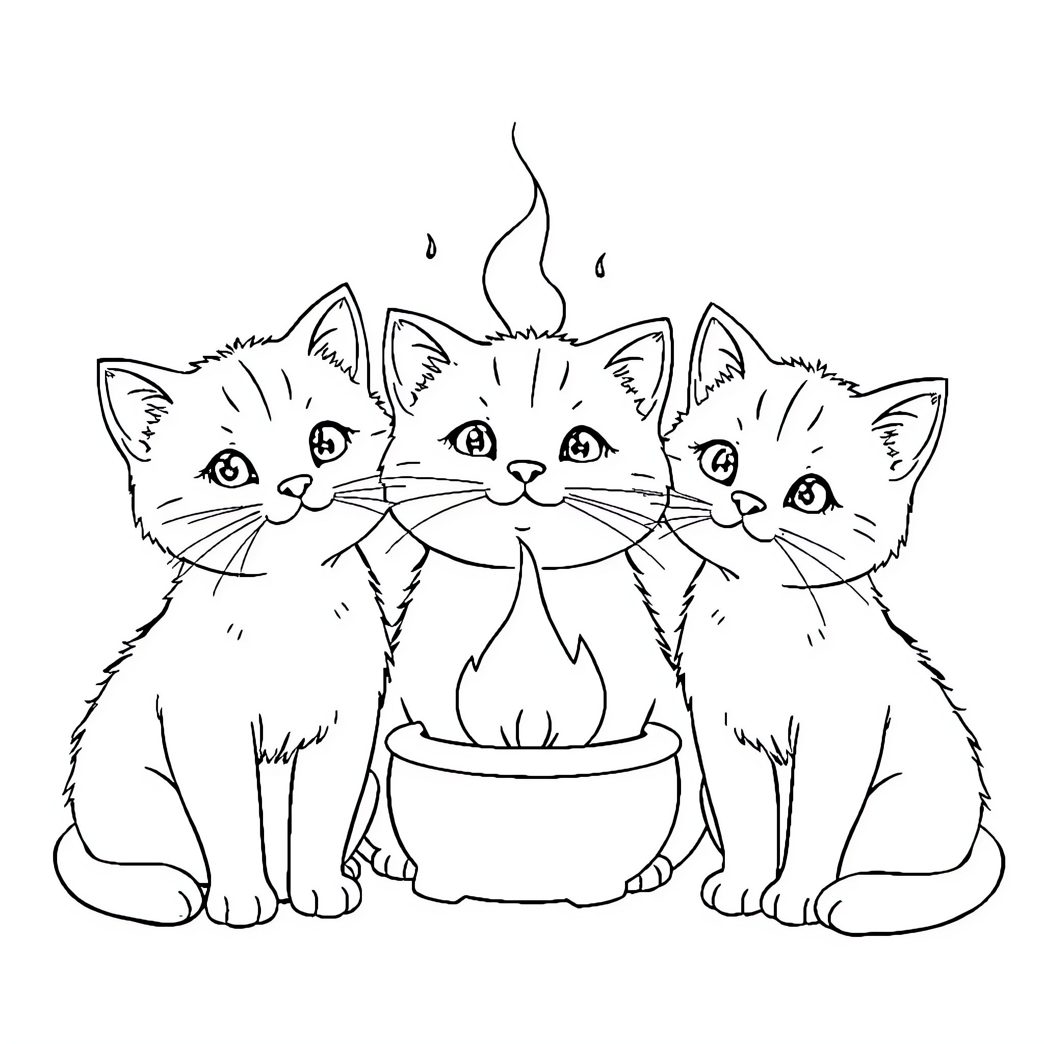 Kittens Enjoying Warm Meal Together Coloring Page (free black-and-white line drawing printable PDF for all, from beginners to advanced learners, including children, teens, adults, and seniors)