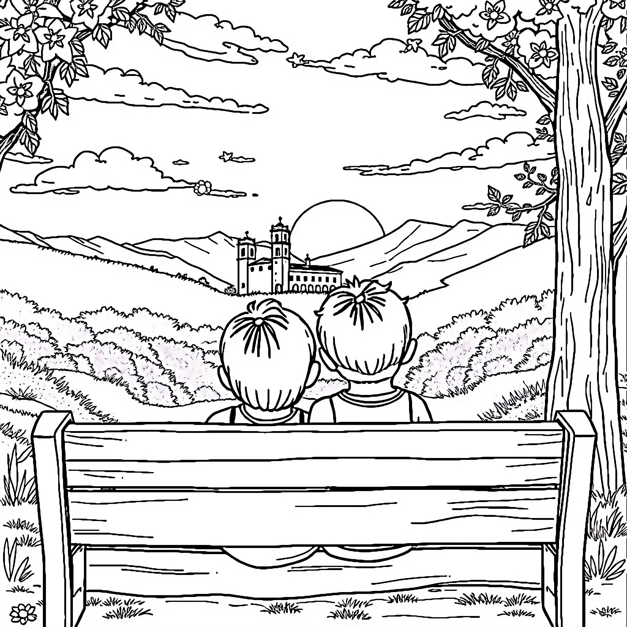 Niño enjoying the scenic landscape Coloring Page (free black-and-white line drawing printable PDF for all, from beginners to advanced learners, including children, teens, adults, and seniors)