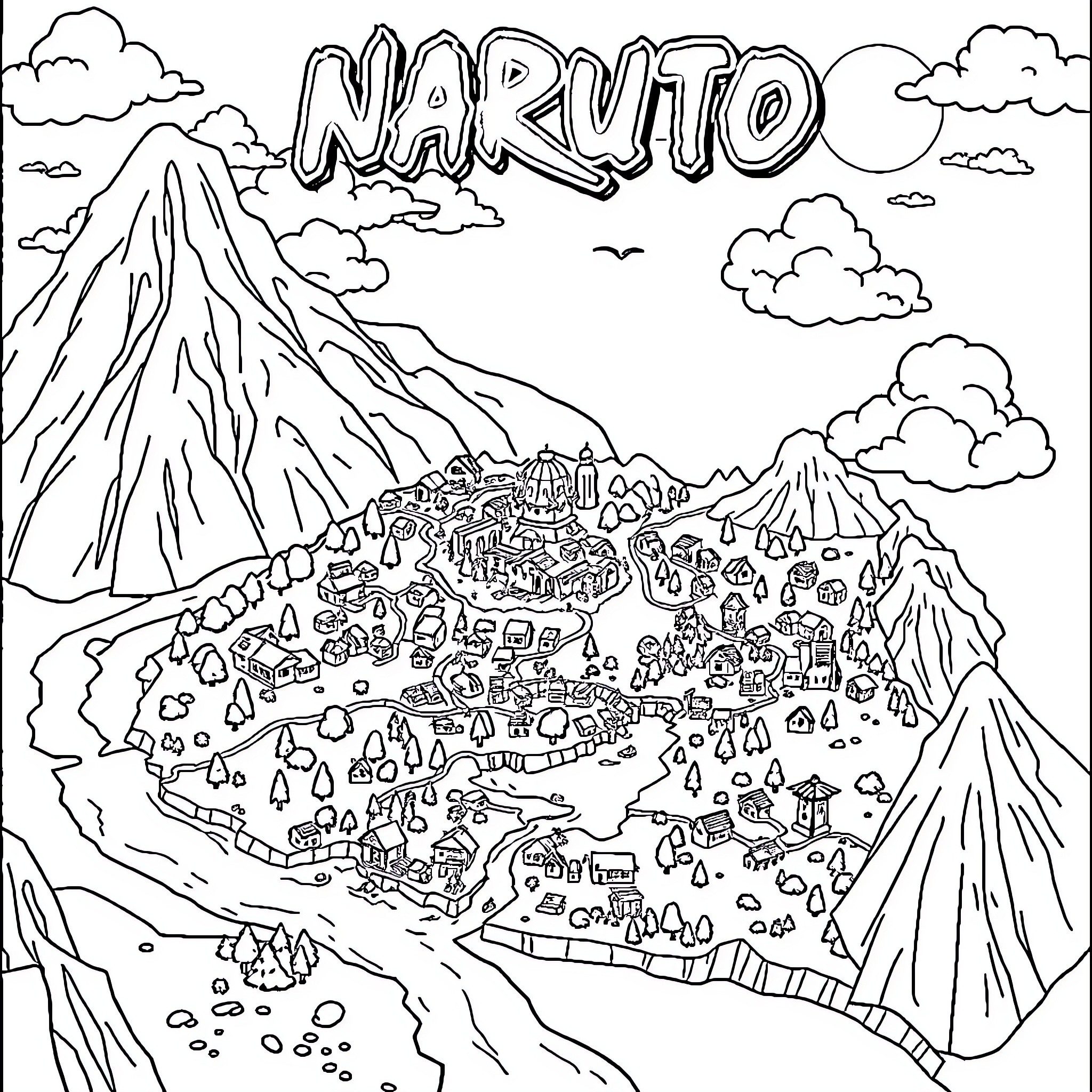 Naruto Ninja Village in Mountainous Landscape Coloring Page (free black-and-white line drawing printable PDF for all, from beginners to advanced learners, including children, teens, adults, and seniors)