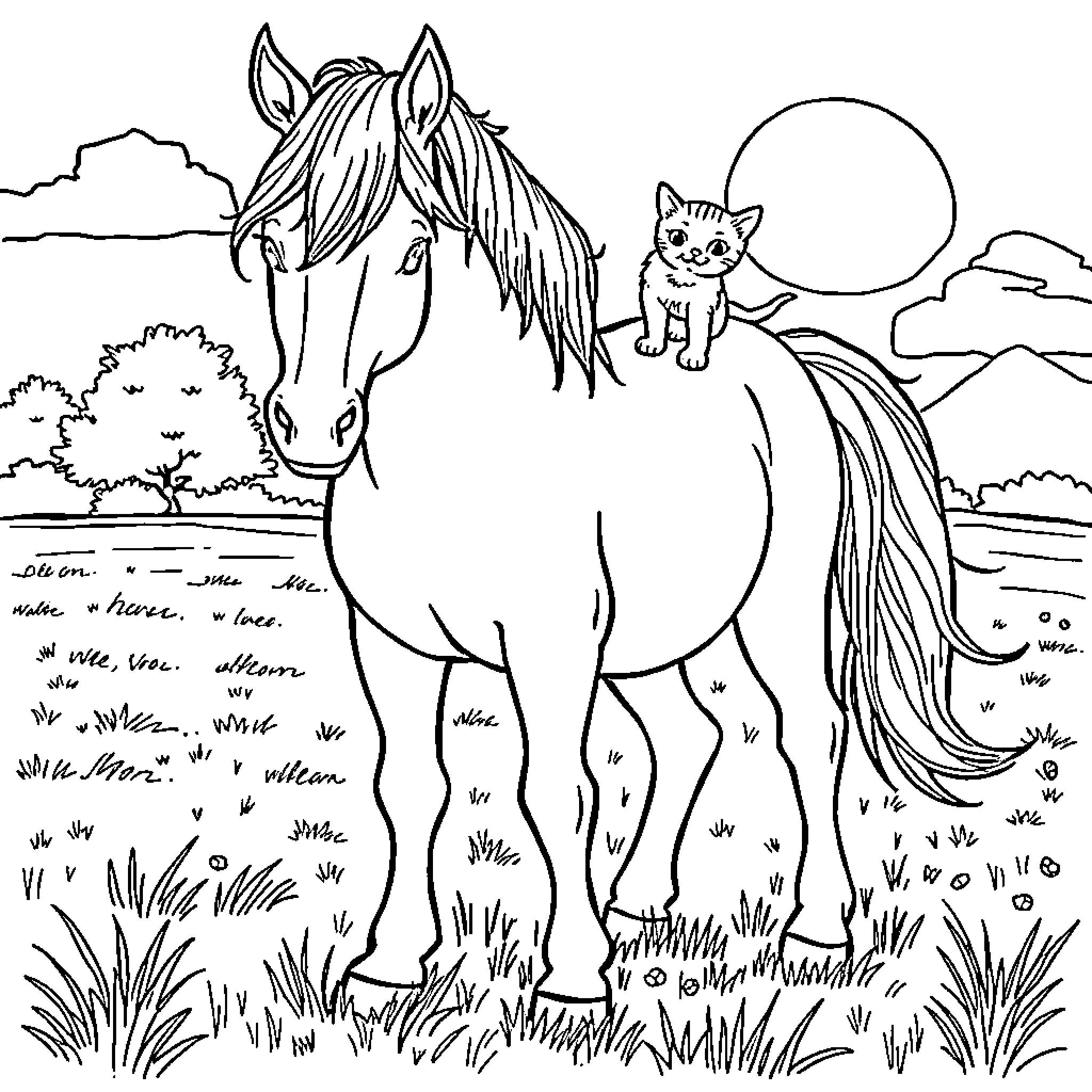 Horse standing in nature with cat companion Coloring Page (free black-and-white line drawing printable PDF for all, from beginners to advanced learners, including children, teens, adults, and seniors)