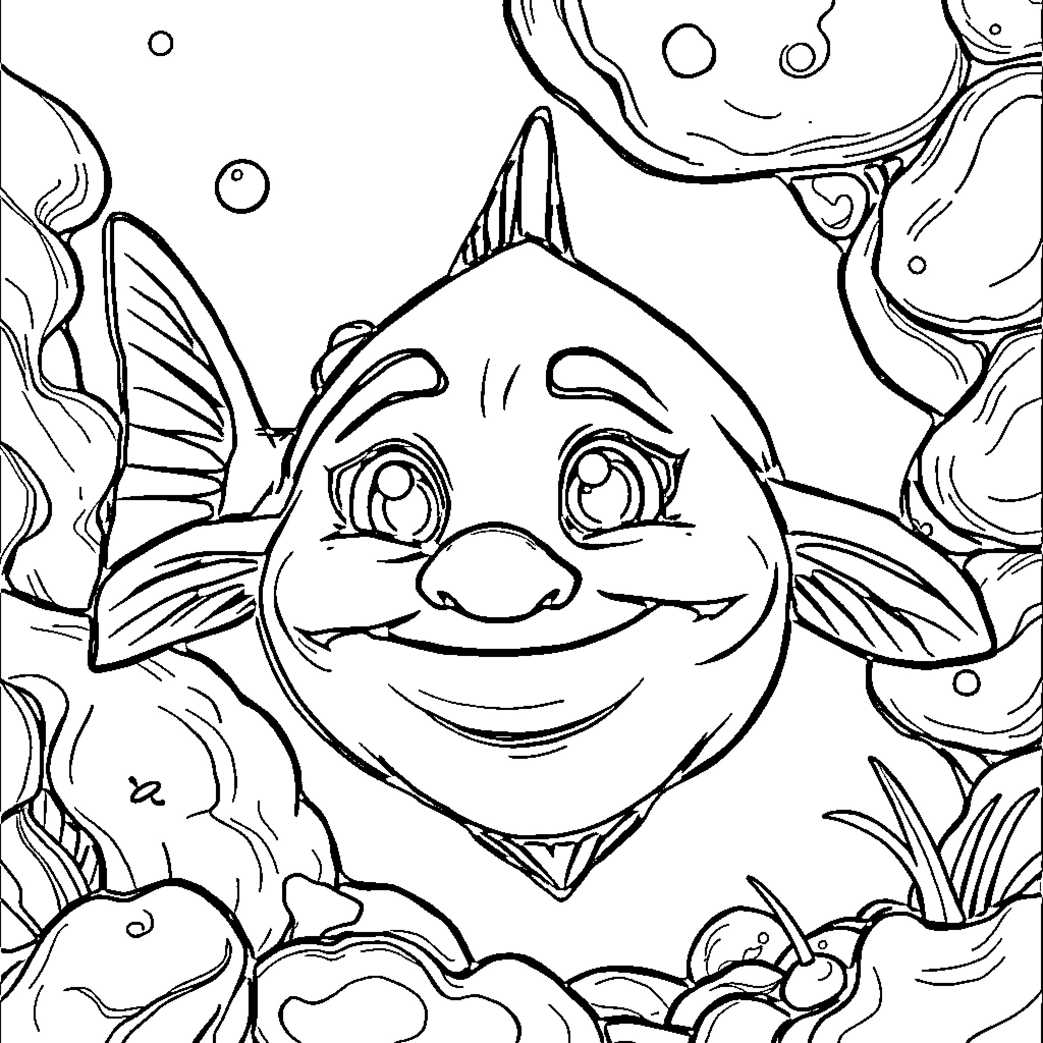 Ragazzino pesce sorridente in acquario Coloring Page (free black-and-white line drawing printable PDF for all, from beginners to advanced learners, including children, teens, adults, and seniors)