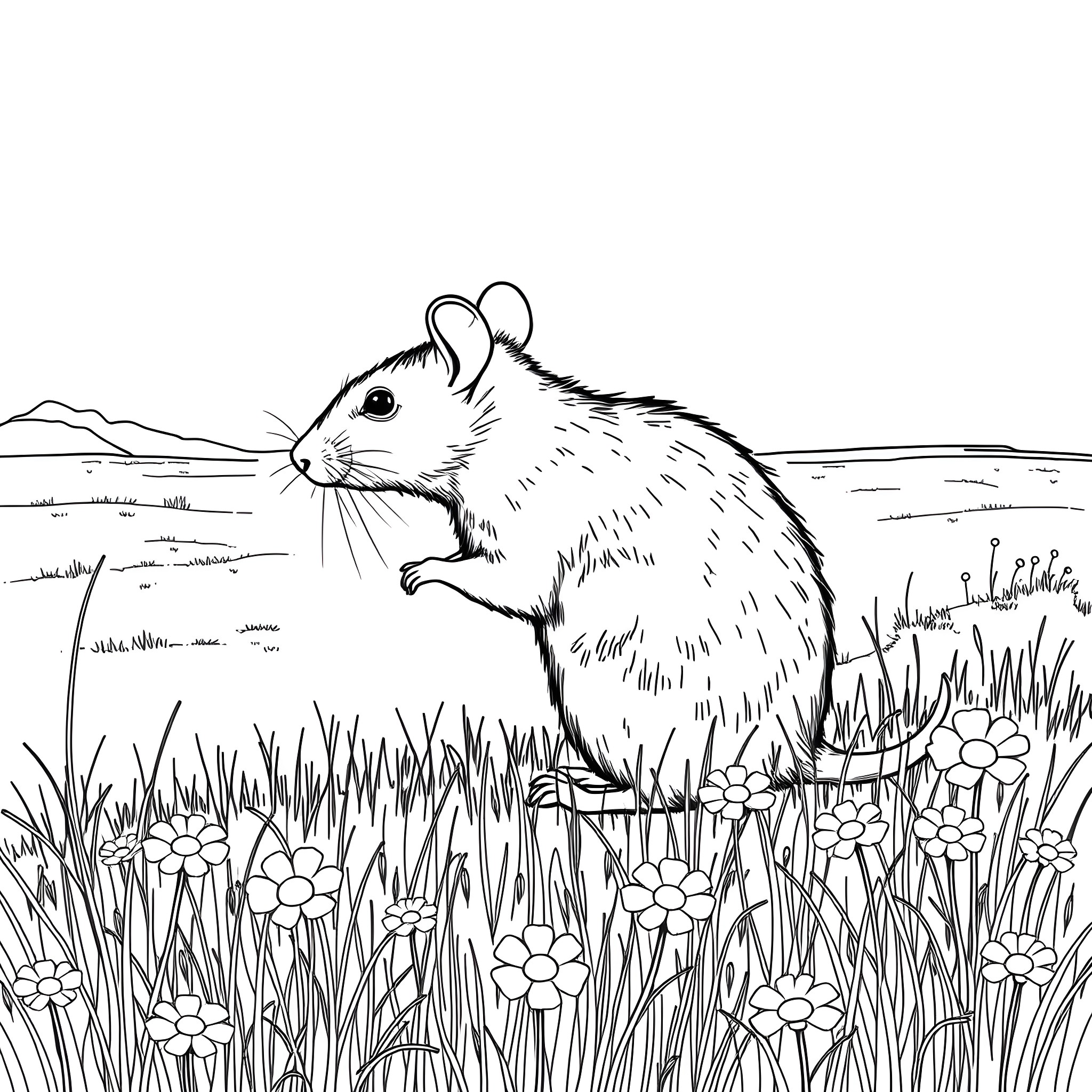 Rat exploring a floral meadow Coloring Page (free black-and-white line drawing printable PDF for all, from beginners to advanced learners, including children, teens, adults, and seniors)