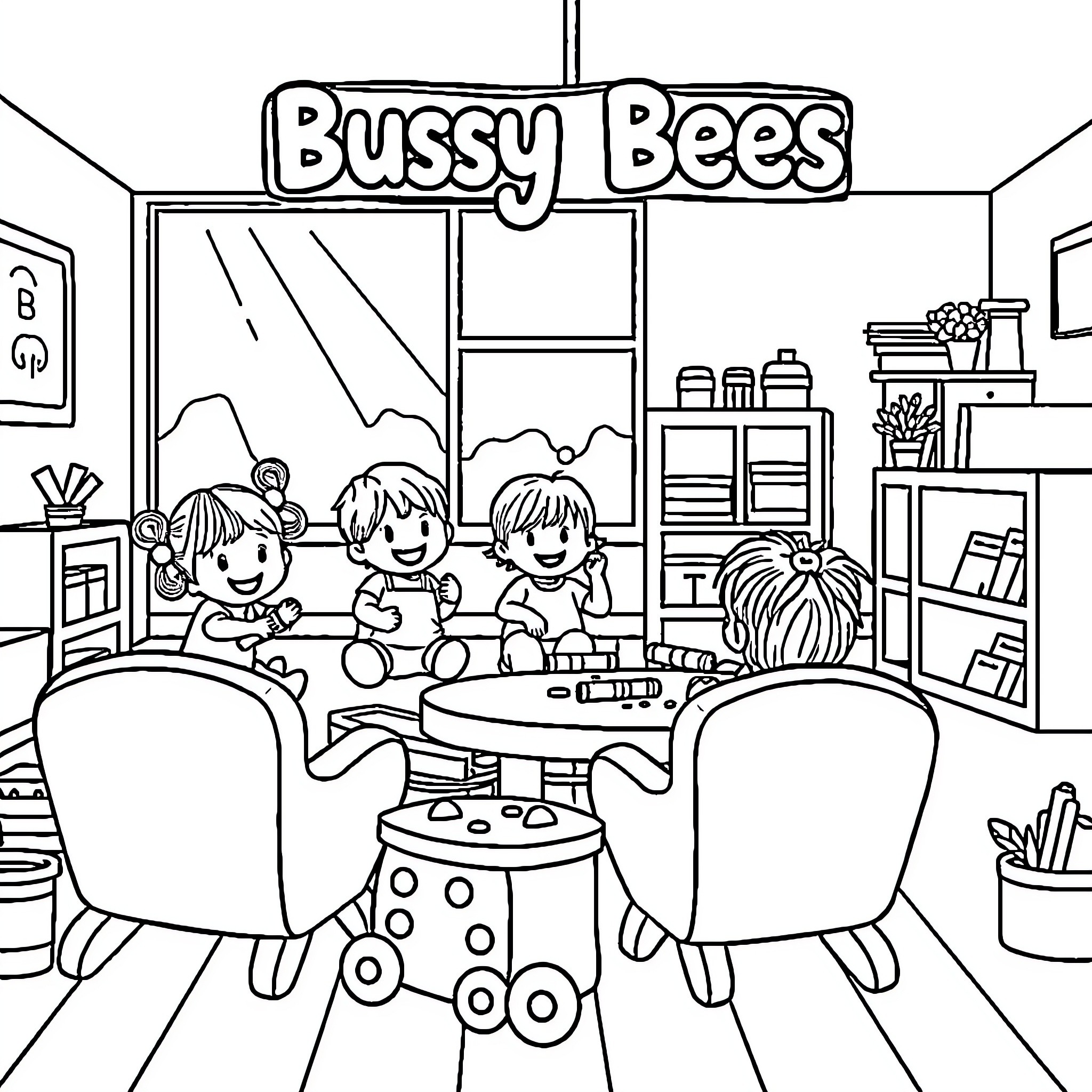 Busy Bees playing and working at their shop Coloring Page (free black-and-white line drawing printable PDF for all, from beginners to advanced learners, including children, teens, adults, and seniors)