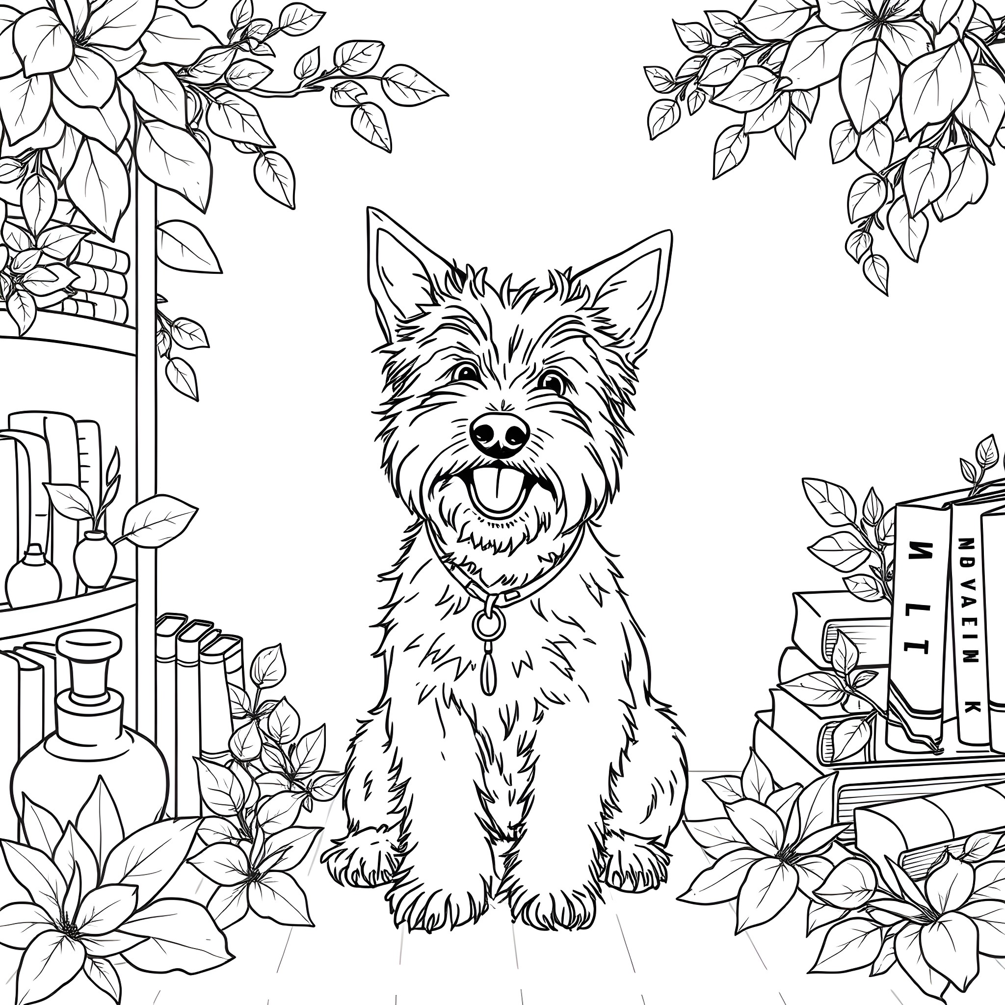 Maomao the Playful Pup in a Floral Wonderland Coloring Page (free black-and-white line drawing printable PDF for all, from beginners to advanced learners, including children, teens, adults, and seniors)