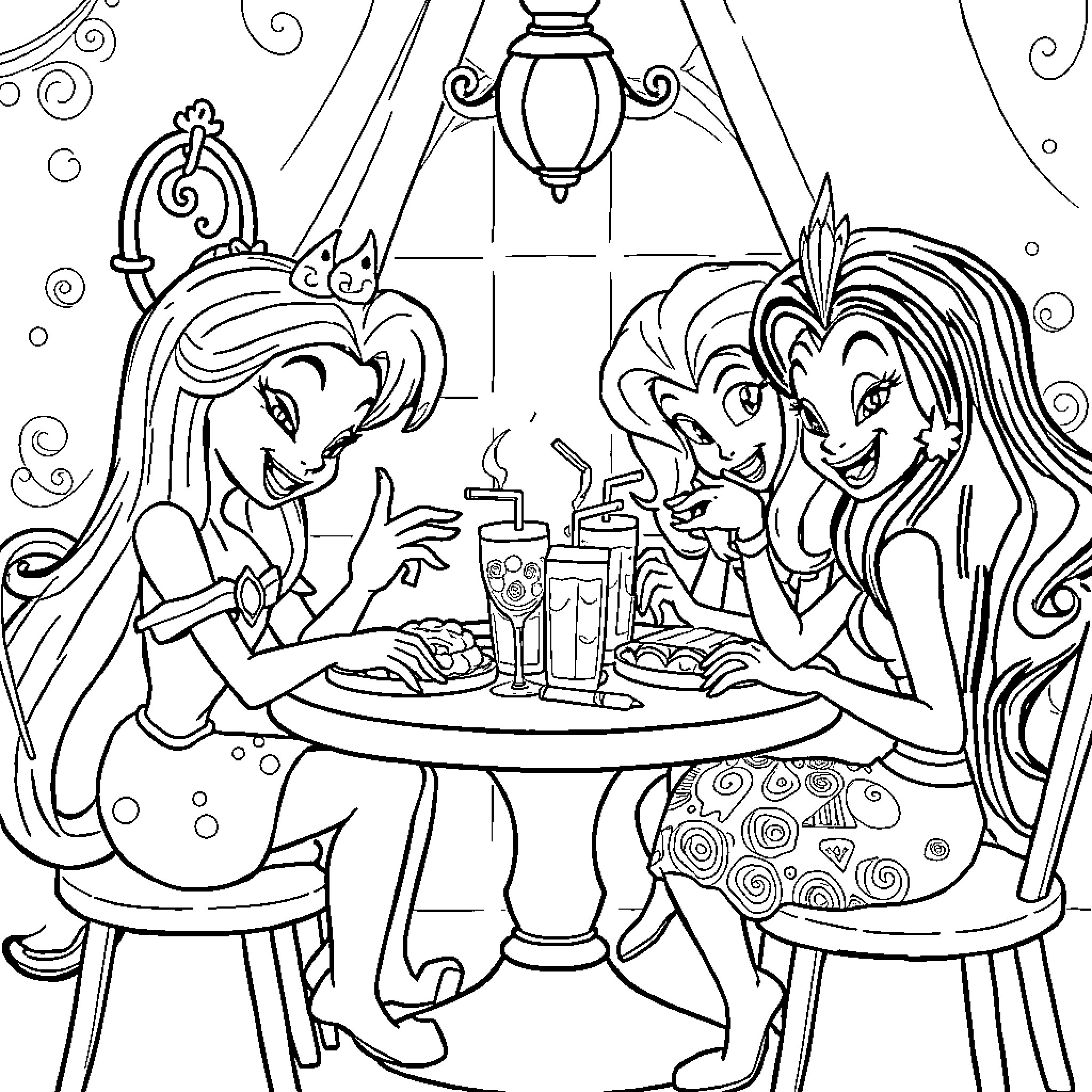 Disney Villains Enjoying a Meal Together Coloring Page (free black-and-white line drawing printable PDF for all, from beginners to advanced learners, including children, teens, adults, and seniors)