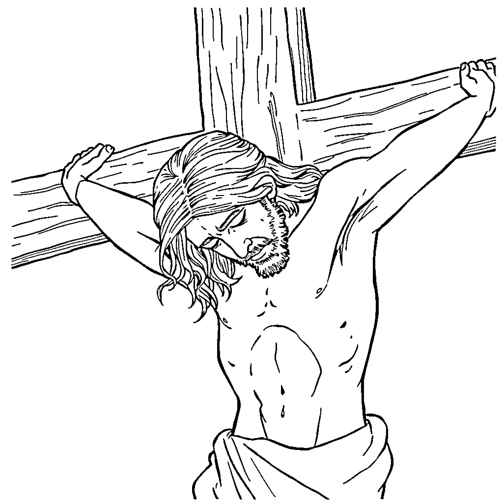 Jesus suffering on the cross with eyes closed Coloring Page (free black-and-white line drawing printable PDF for all, from beginners to advanced learners, including children, teens, adults, and seniors)