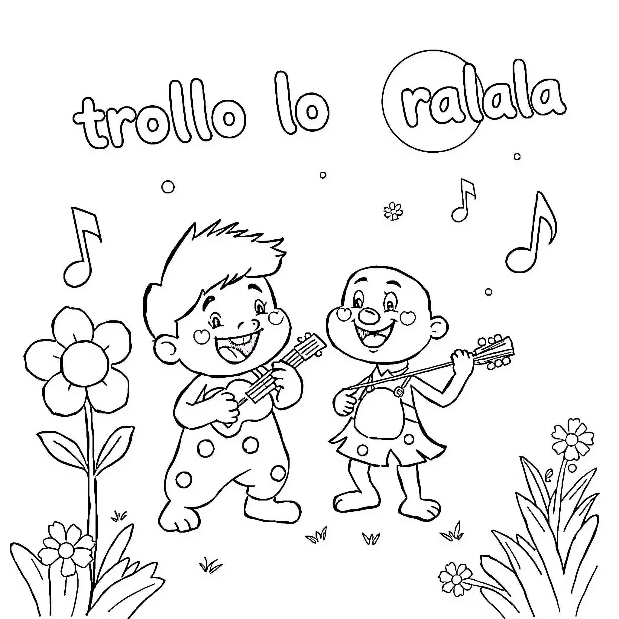 Troll friends singing and playing happily Coloring Page (free black-and-white line drawing printable PDF for all, from beginners to advanced learners, including children, teens, adults, and seniors)