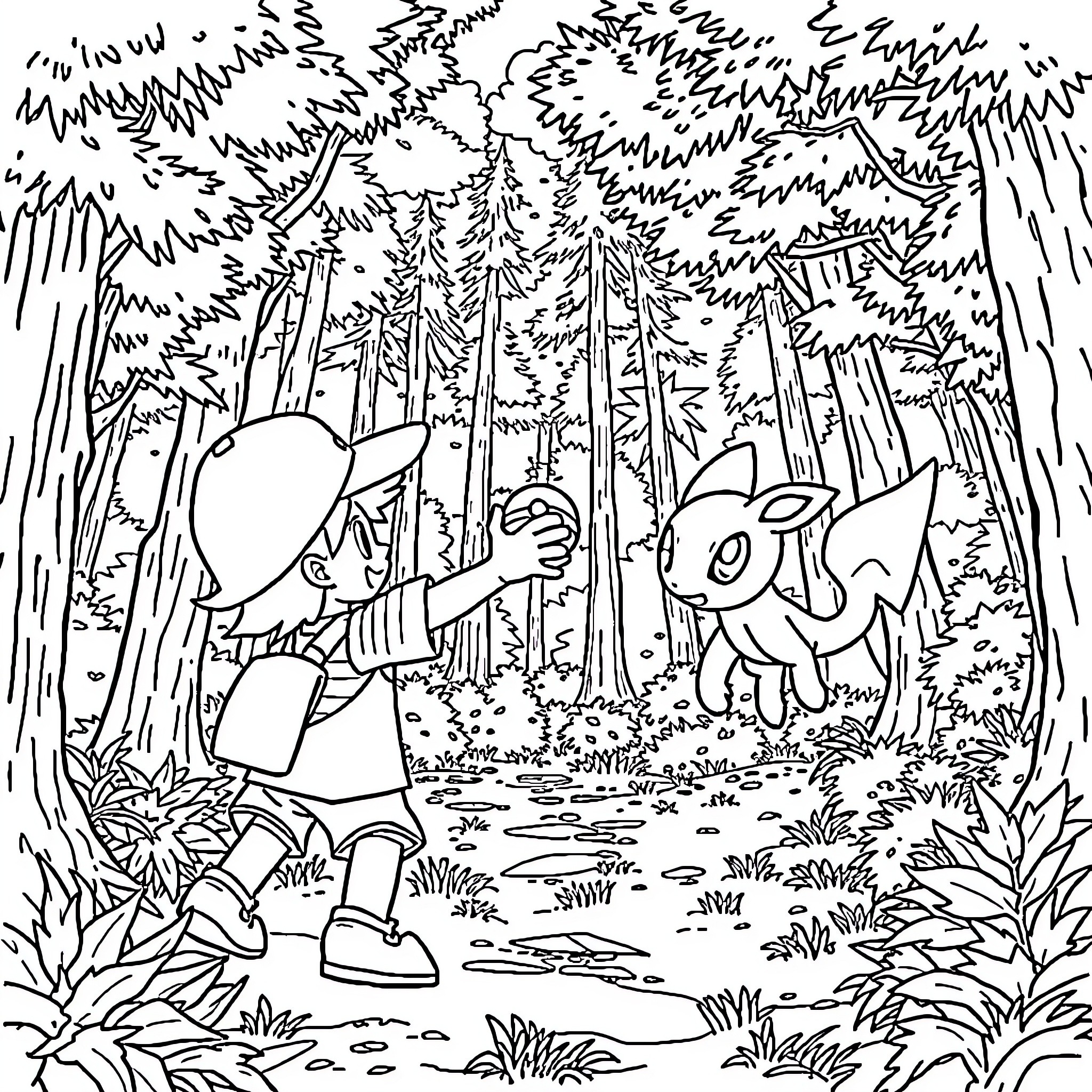 Ash Ketchum exploring a mysterious forest with Pikachu Coloring Page (free black-and-white line drawing printable PDF for all, from beginners to advanced learners, including children, teens, adults, and seniors)
