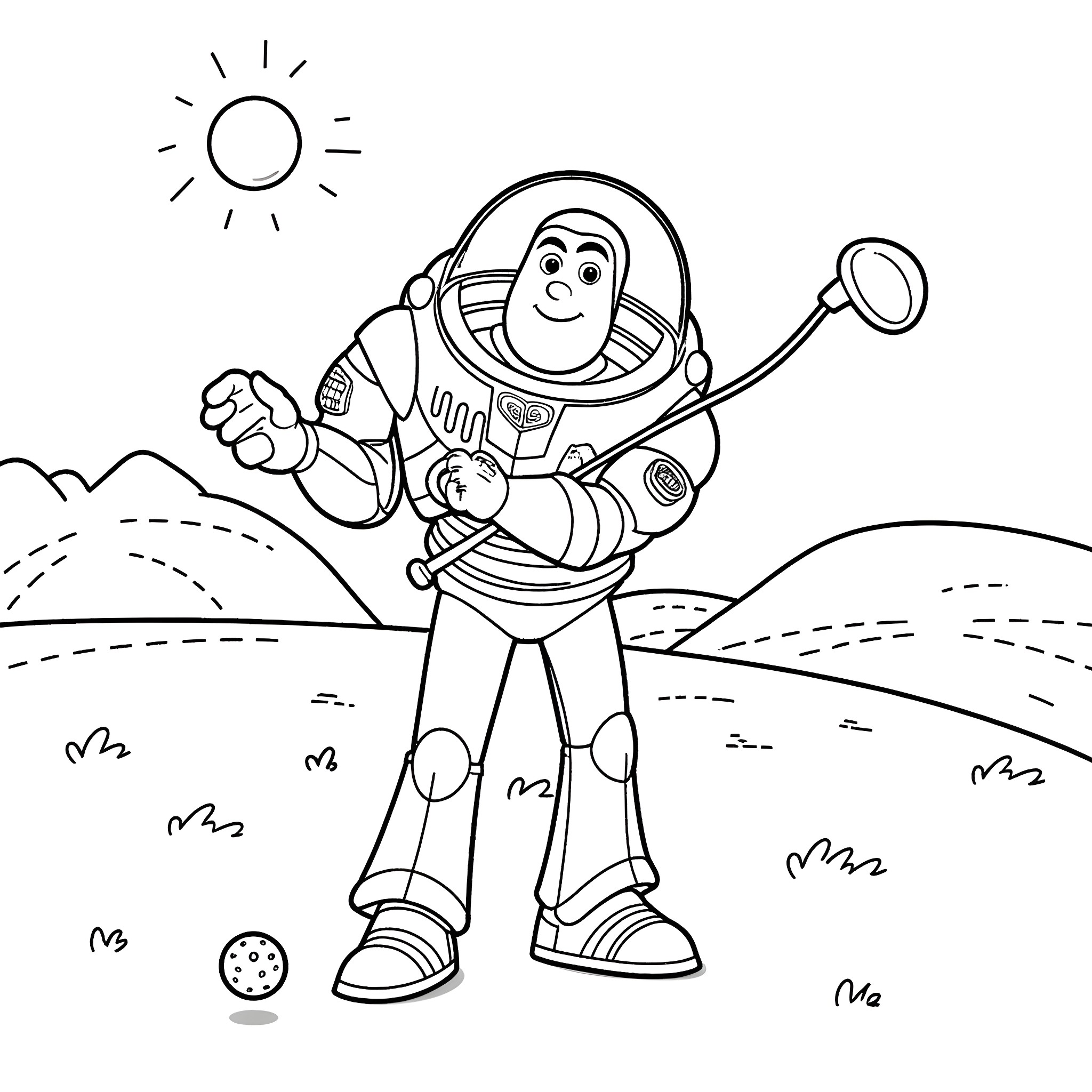 Buzz Lightyear exploring the cosmos Coloring Page (free black-and-white line drawing printable PDF for all, from beginners to advanced learners, including children, teens, adults, and seniors)