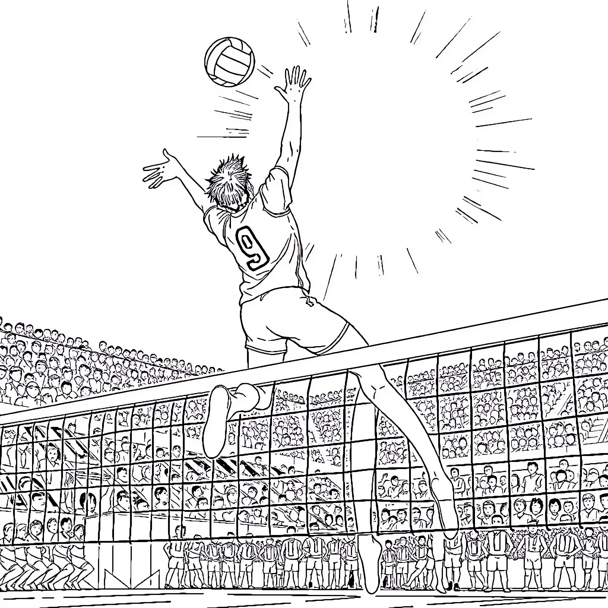 Ushijima Waka spiking the volleyball on the court Coloring Page (free black-and-white line drawing printable PDF for all, from beginners to advanced learners, including children, teens, adults, and seniors)