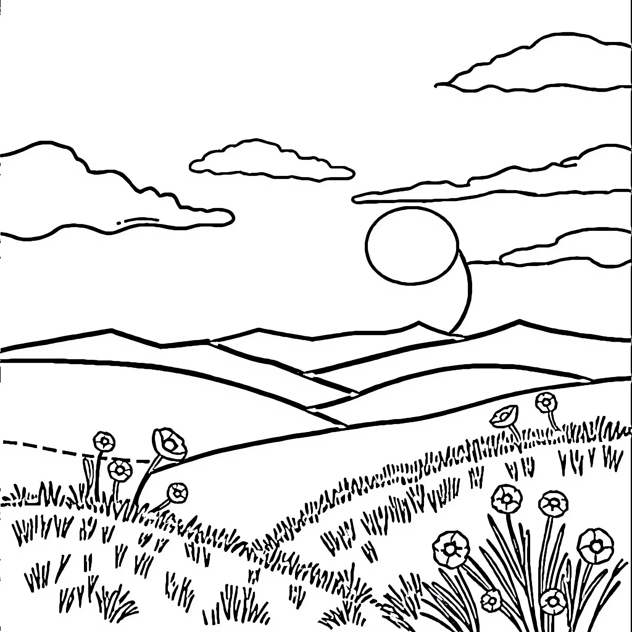 Drawing of a Peaceful Countryside Landscape Coloring Page (free black-and-white line drawing printable PDF for all, from beginners to advanced learners, including children, teens, adults, and seniors)