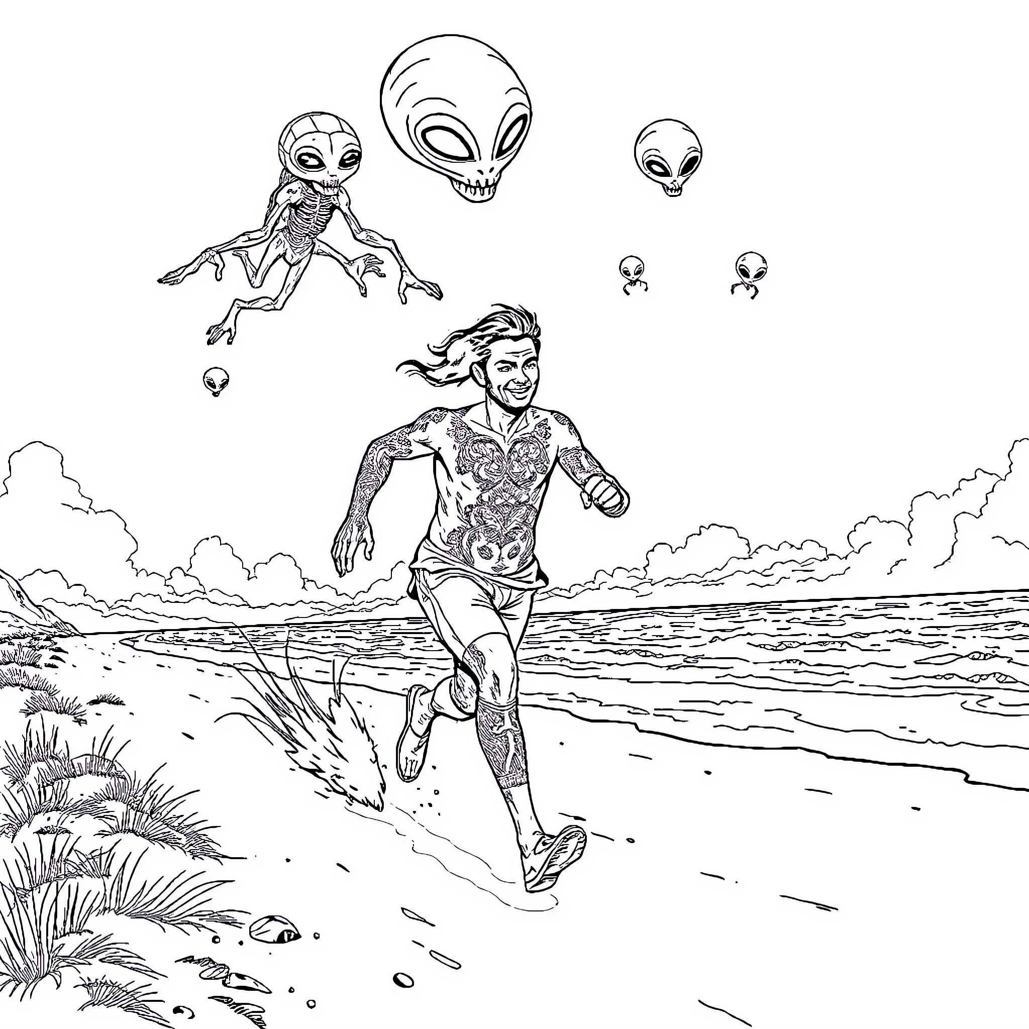 Man running along beach with alien creatures Coloring Page (free black-and-white line drawing printable PDF for all, from beginners to advanced learners, including children, teens, adults, and seniors)