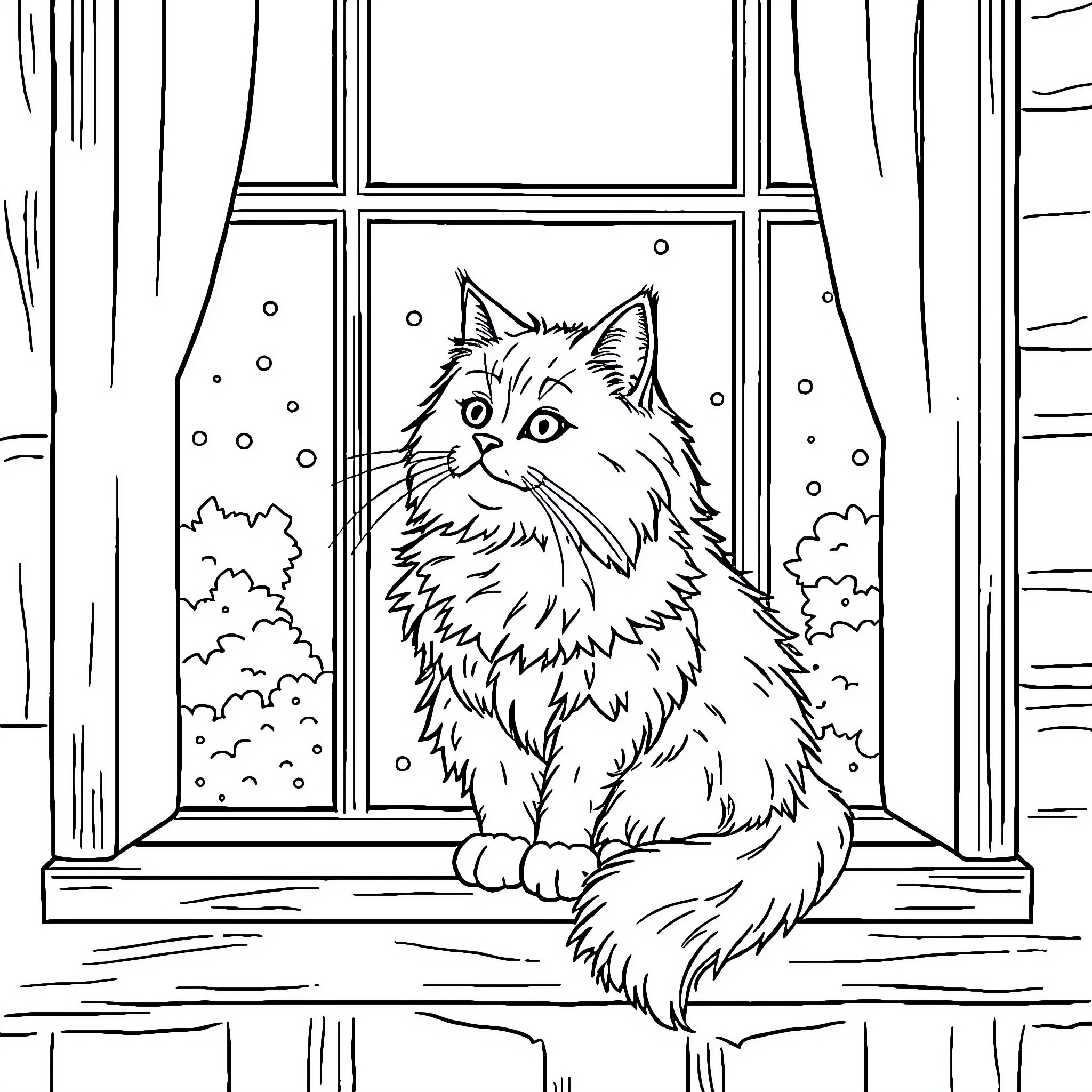 Cat Admiring the Snowy Scenery through the Window Coloring Page (free black-and-white line drawing printable PDF for all, from beginners to advanced learners, including children, teens, adults, and seniors)