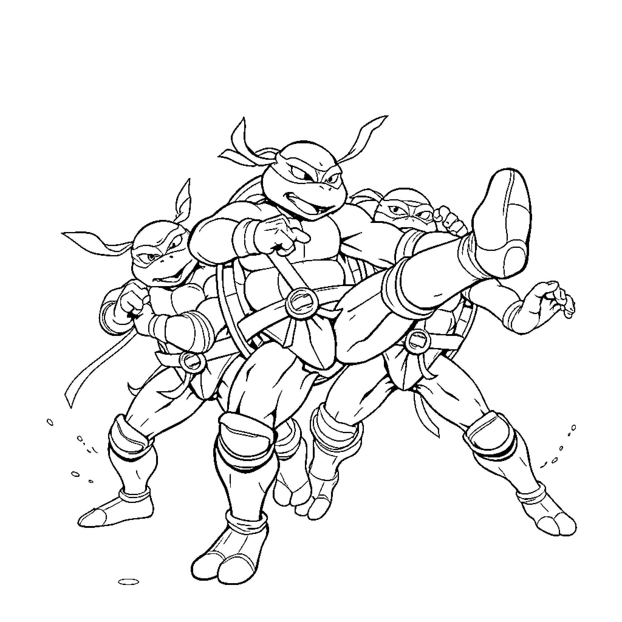 Raphael and the Ninja Turtles in Action Coloring Page (free black-and-white line drawing printable PDF for all, from beginners to advanced learners, including children, teens, adults, and seniors)