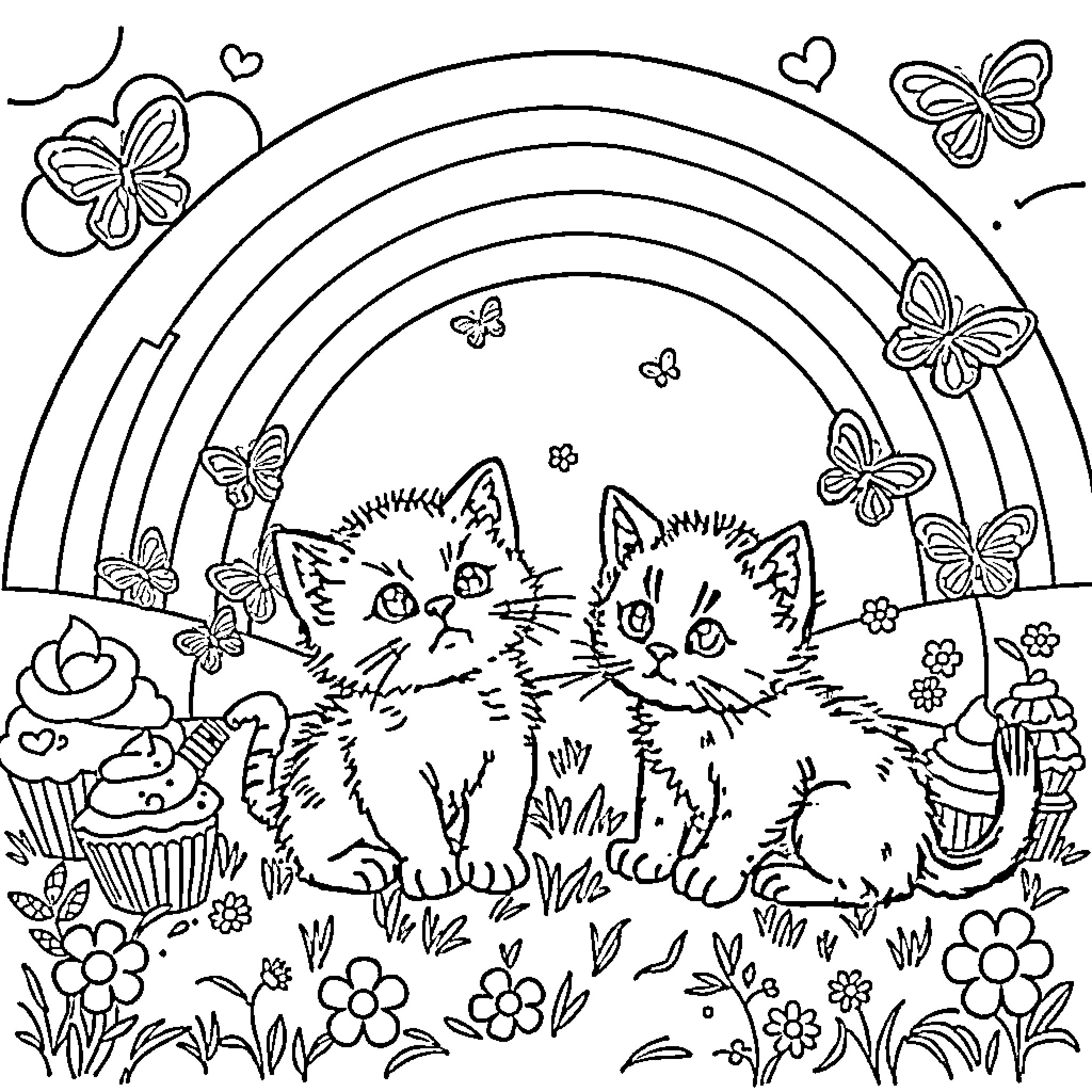 Kittens playing in a floral garden with rainbow Coloring Page (free black-and-white line drawing printable PDF for all, from beginners to advanced learners, including children, teens, adults, and seniors)