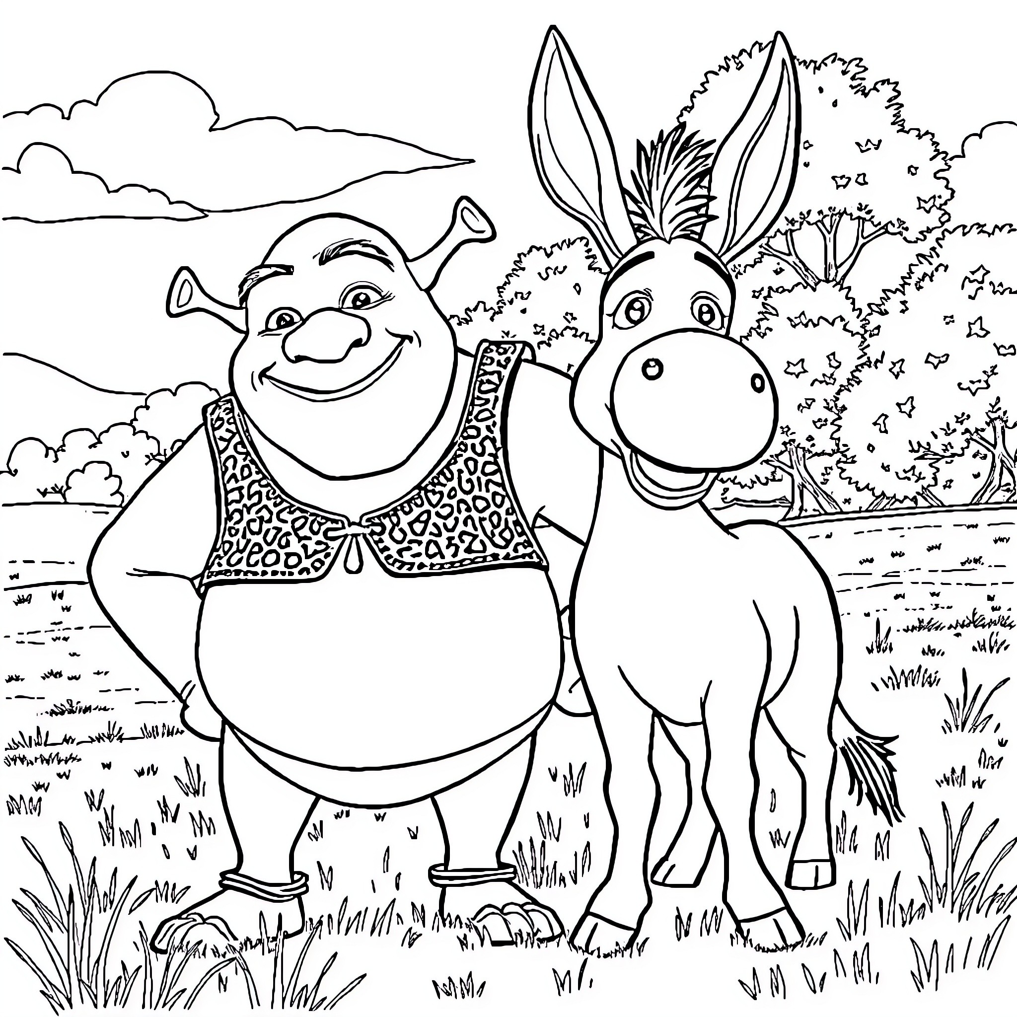 Shrek and Donkey enjoying the outdoors Coloring Page (free black-and-white line drawing printable PDF for all, from beginners to advanced learners, including children, teens, adults, and seniors)